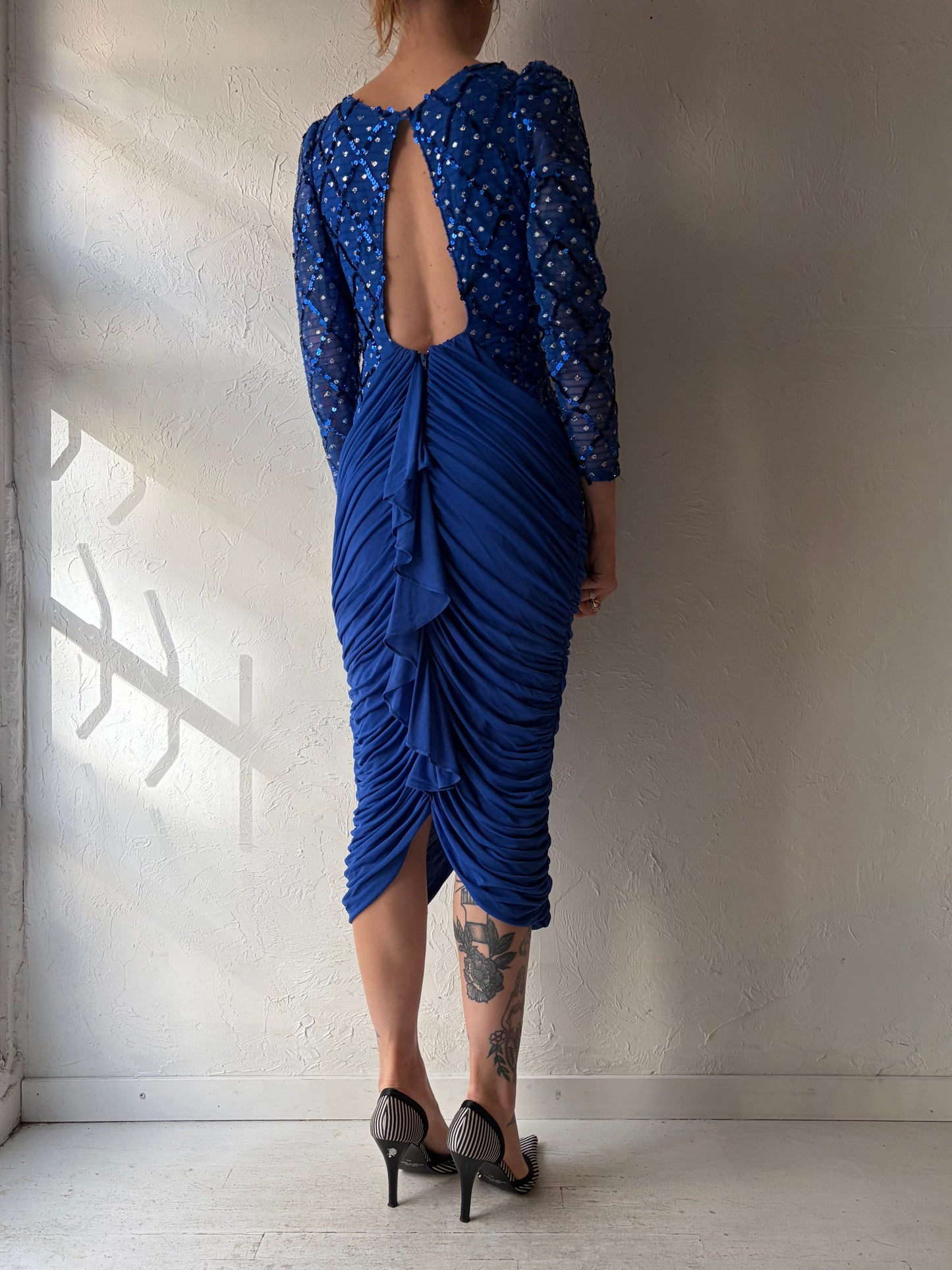 80s 'PS I Love You' Blue Ruched Sequin Dress / Medium