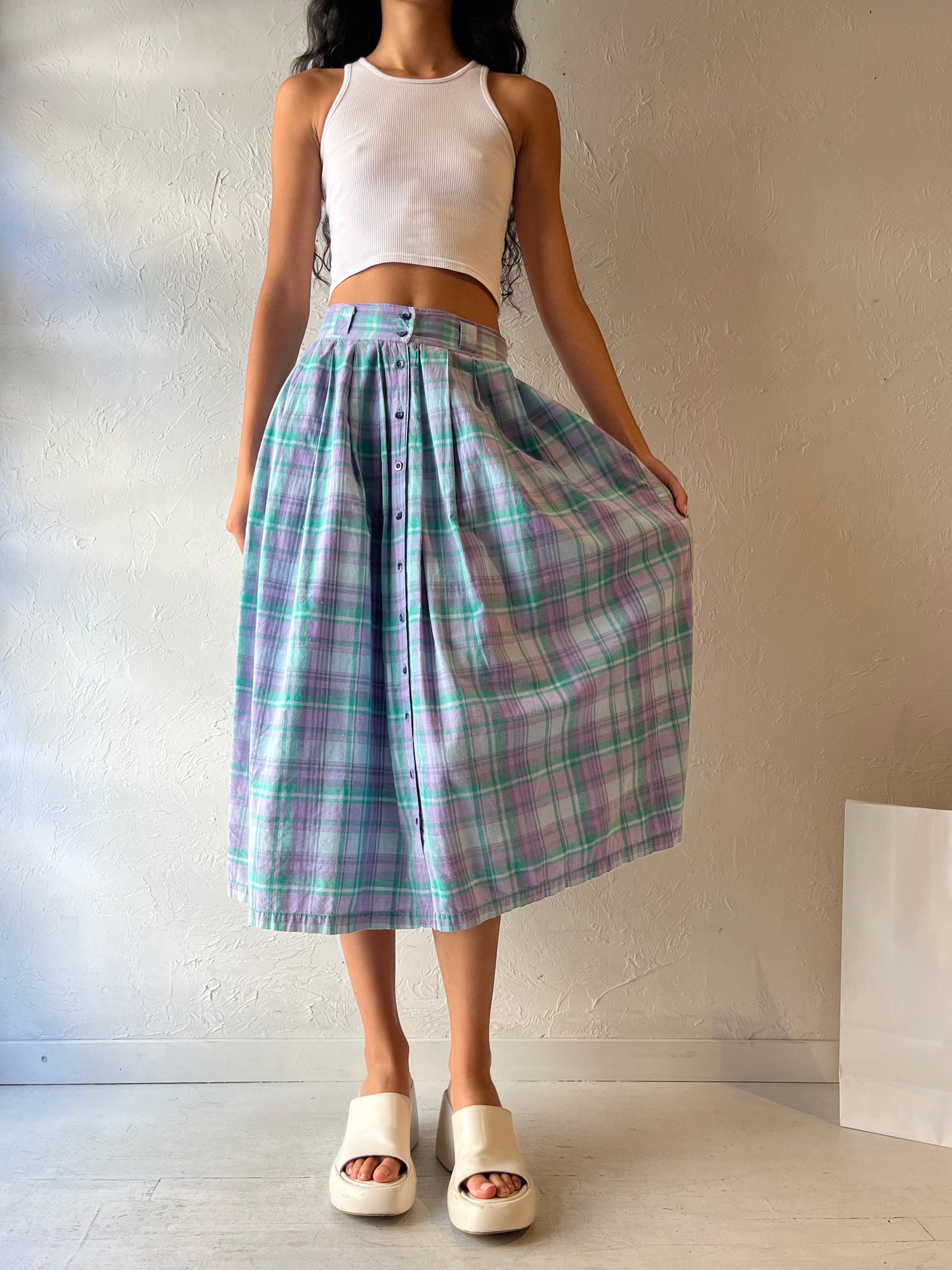 90s 'Southern Comforts' Plaid Cotton Midi Skirt / Small - Medium