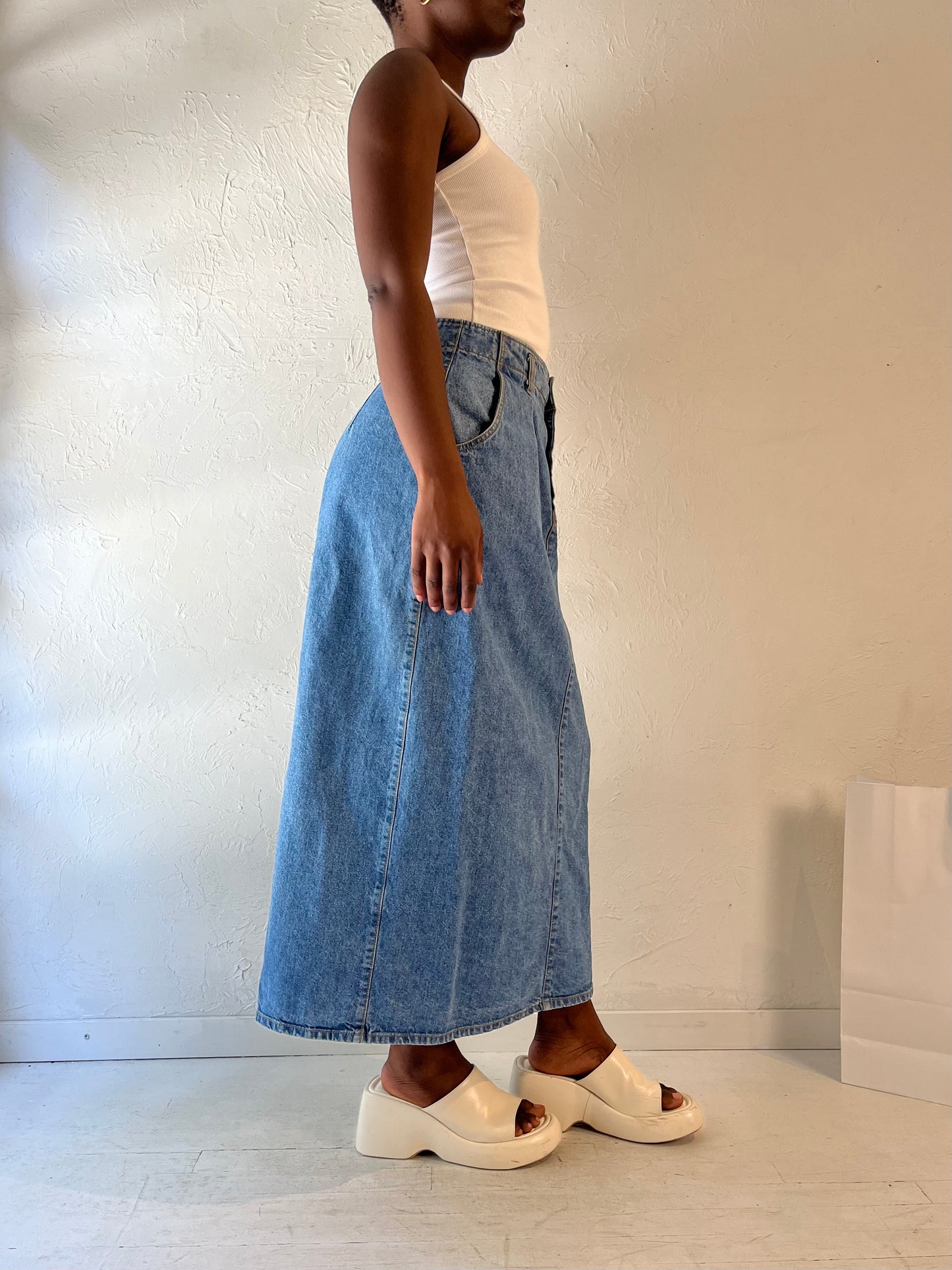 90s 'Seasons' Denim Midi Skirt / Medium