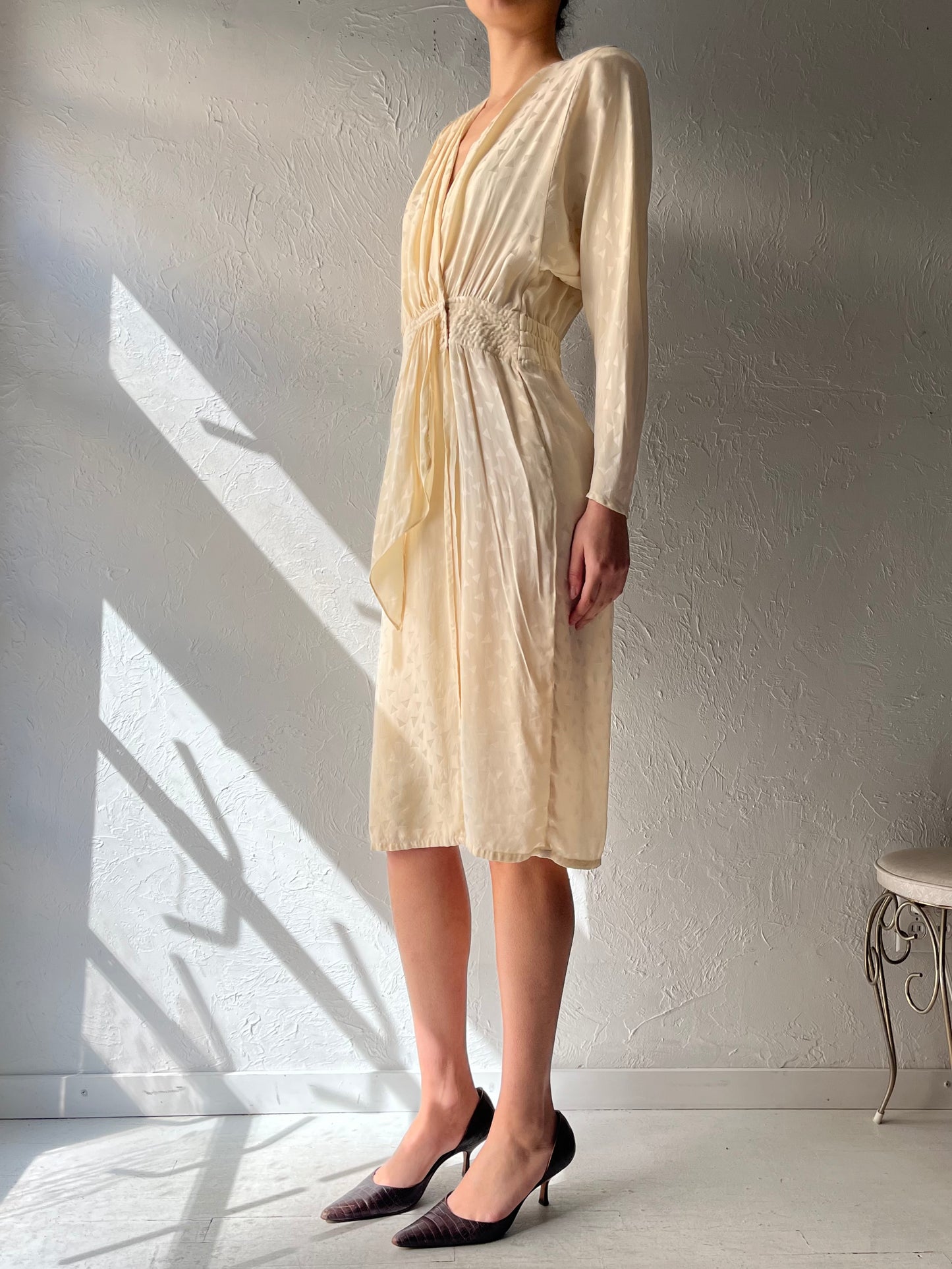 80s 'Nora Noh' Cream Silk Retro Long Sleeve Dress / Vintage 1980s Wrap Midi Dress / Medium