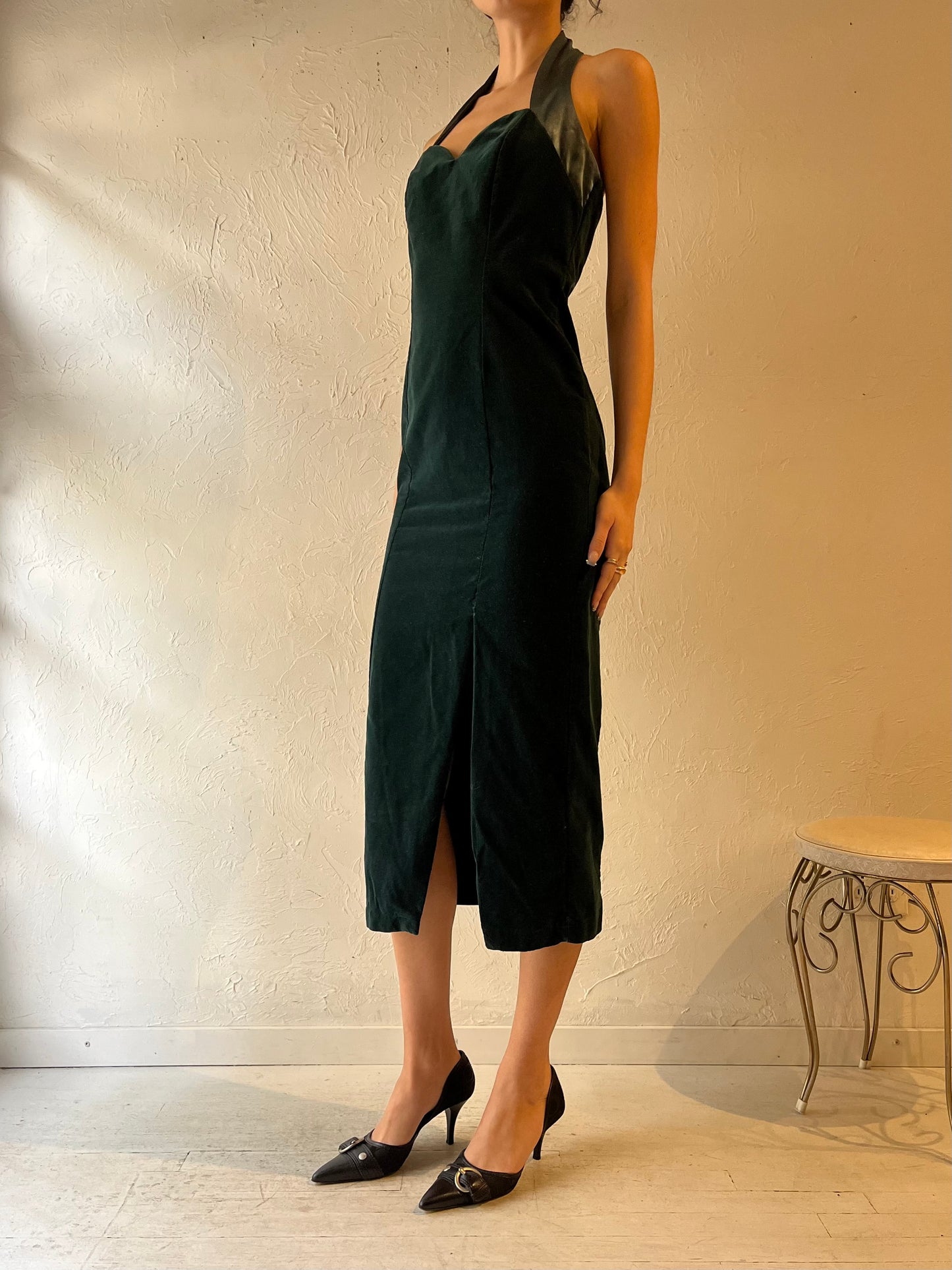 80s 'Kelso' Green Velvet Halter Midi Dress / Medium