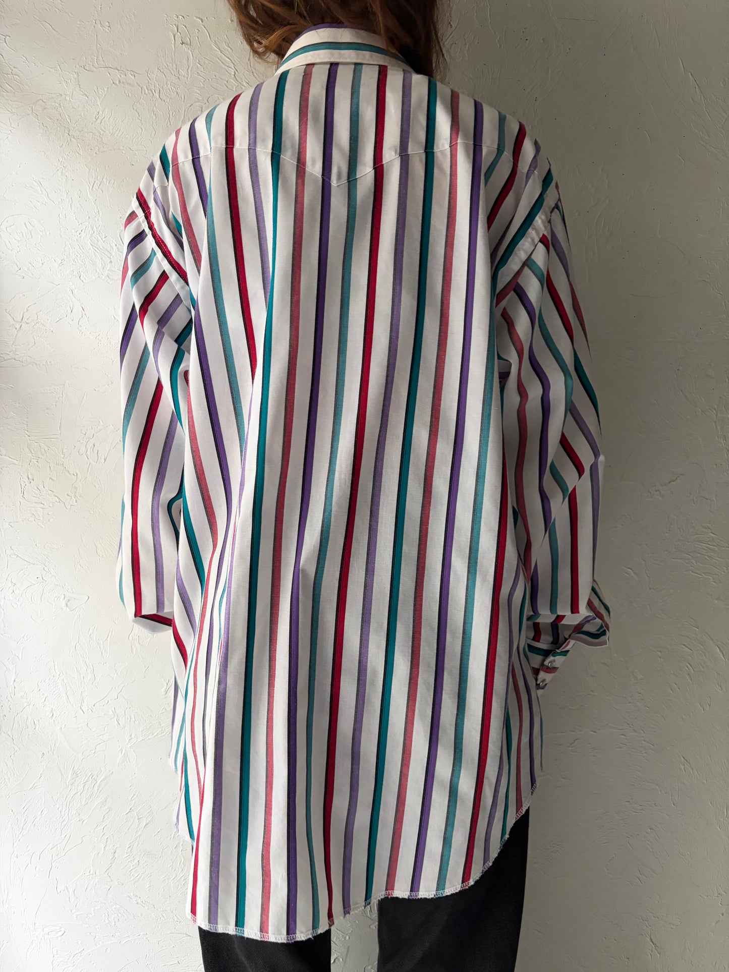 80s 'Wrangler' Stripped Western Pearl Snap Shirt / Vintage 1980s Cowboy Workwear Shirt / Large