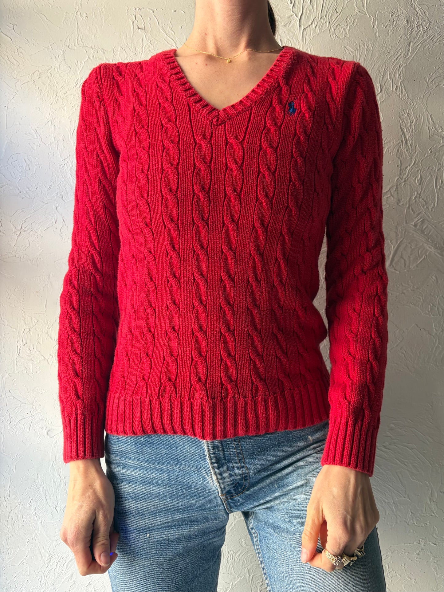Y2k 'Ralph Lauren' Red Cable Knit Preppy Cotton Sweater / Medium