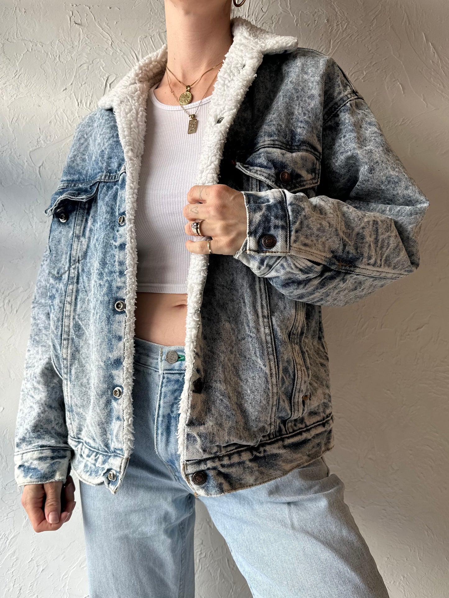 80s 'Levis' Acid Wash Faux Shearling Lined Denim Jacket / Small