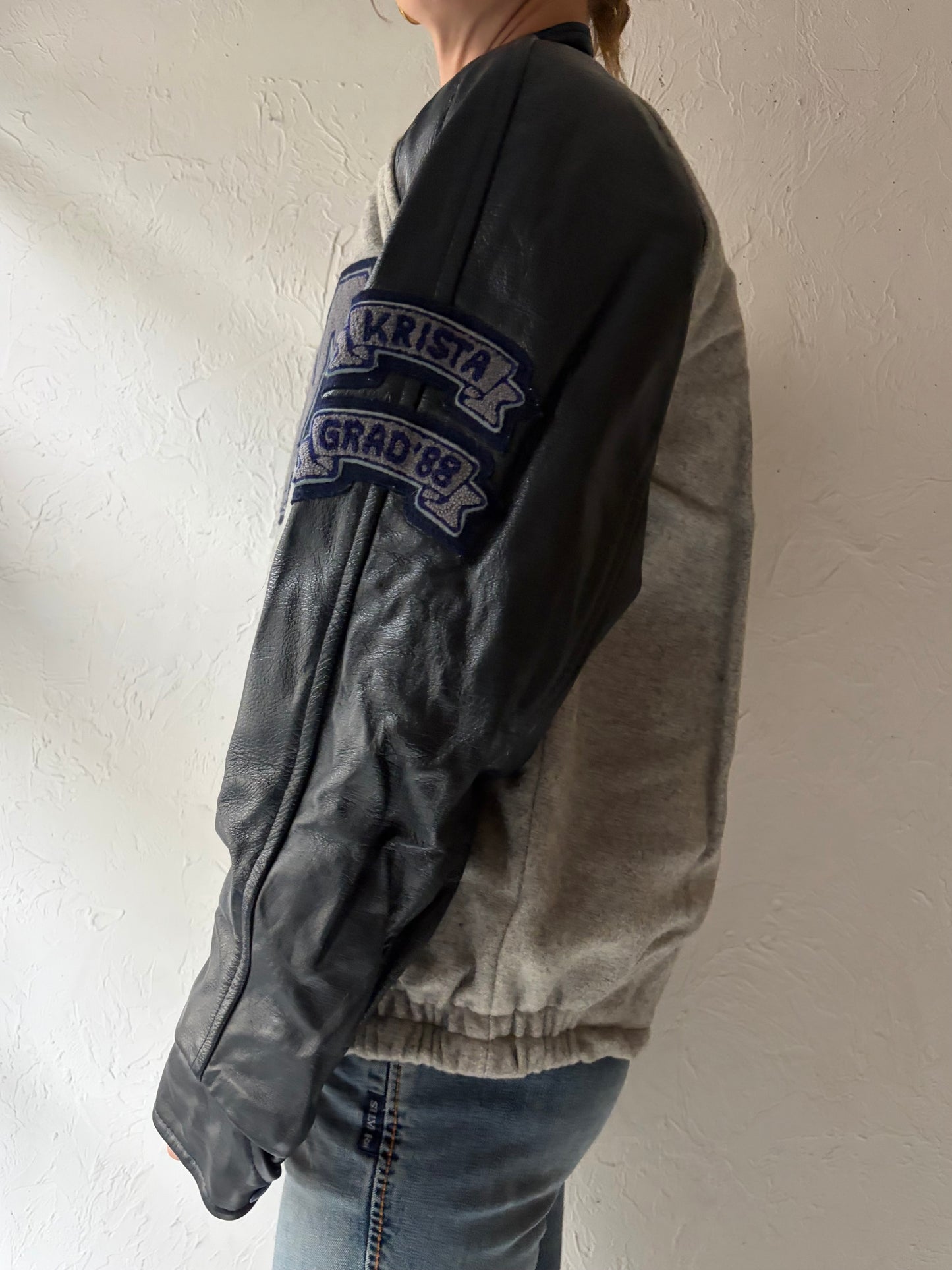80s 'Prime Sports' Blue & Grey Retro Varsity Bomber Jacket / Medium