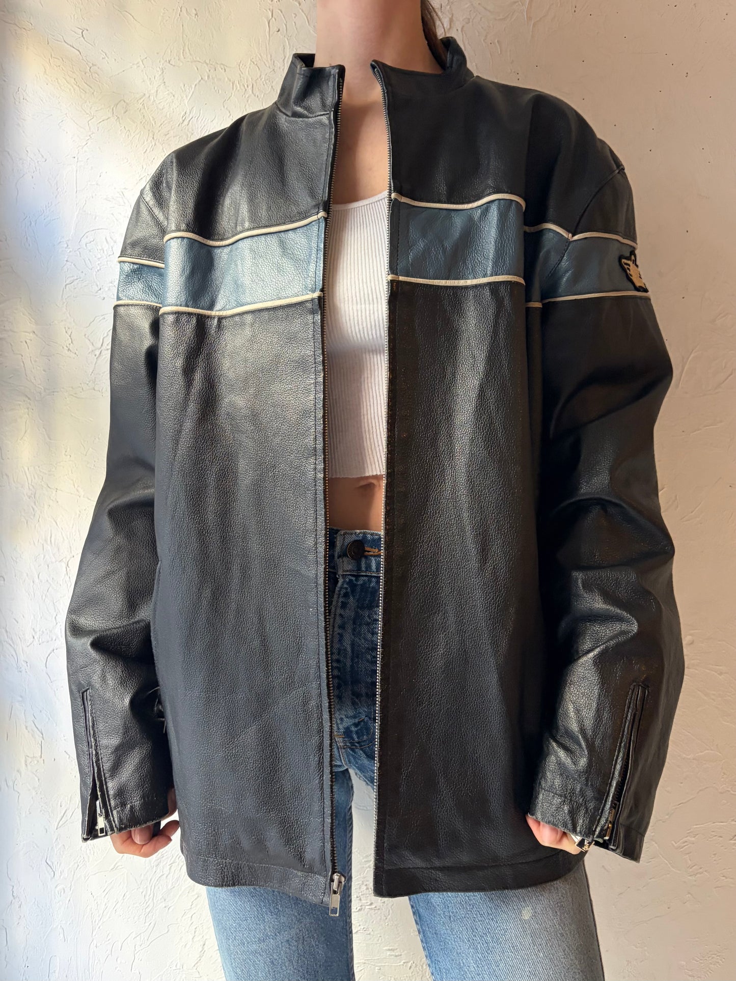 90s 'Sessions' Black Leather Jacket / Large