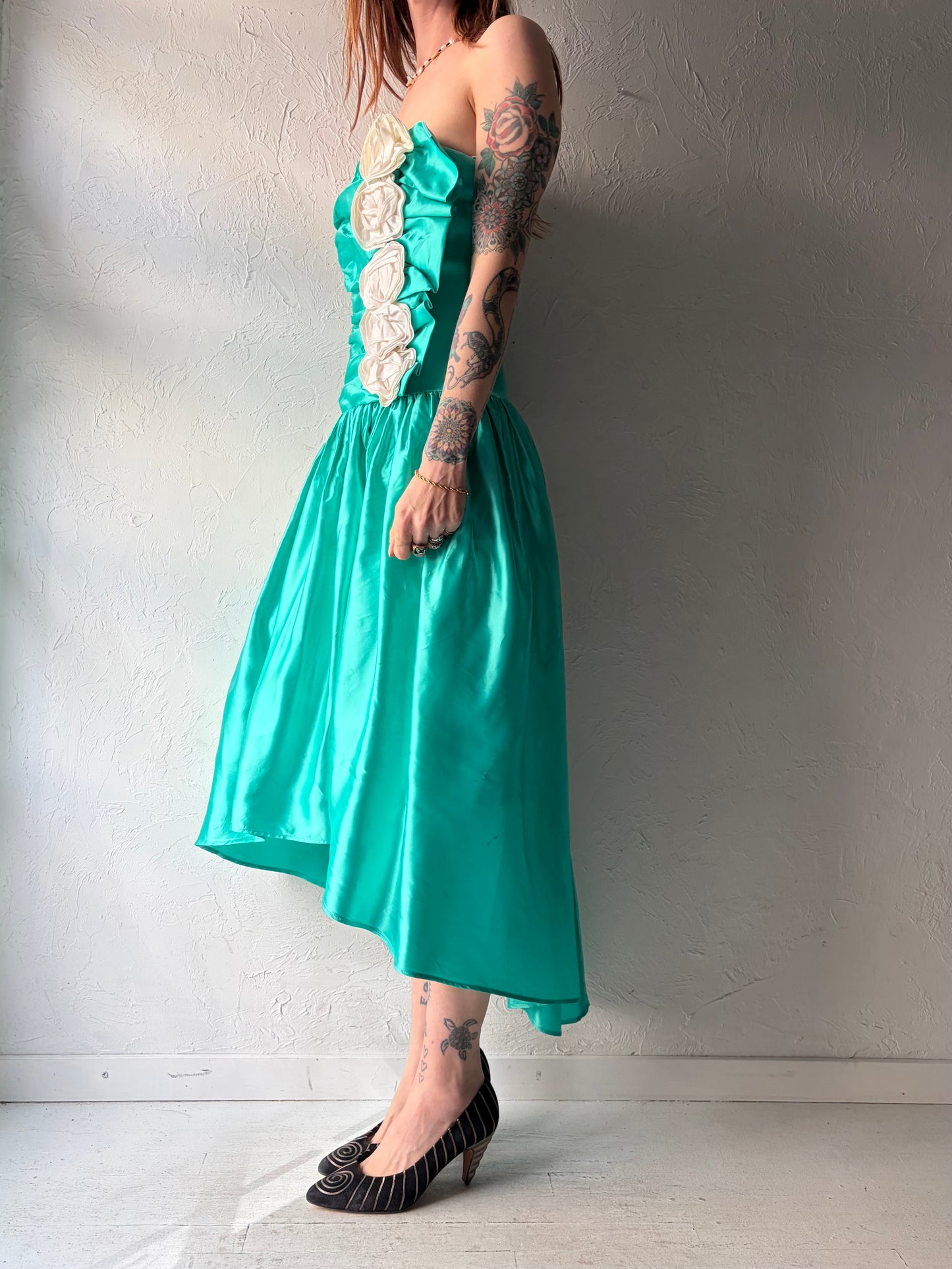 80s ‘Gunne Sax’ Green Asymmetrical Hem Formal Strapless Prom Dress / Small - Medium