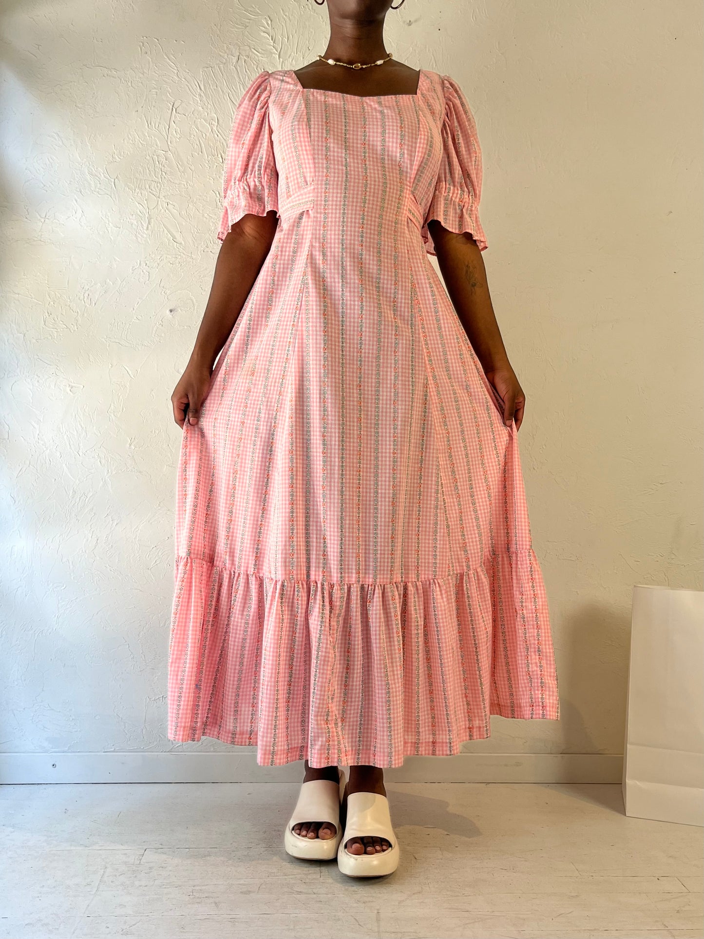 Vintage Pink Gingham Peasant Dress / Medium