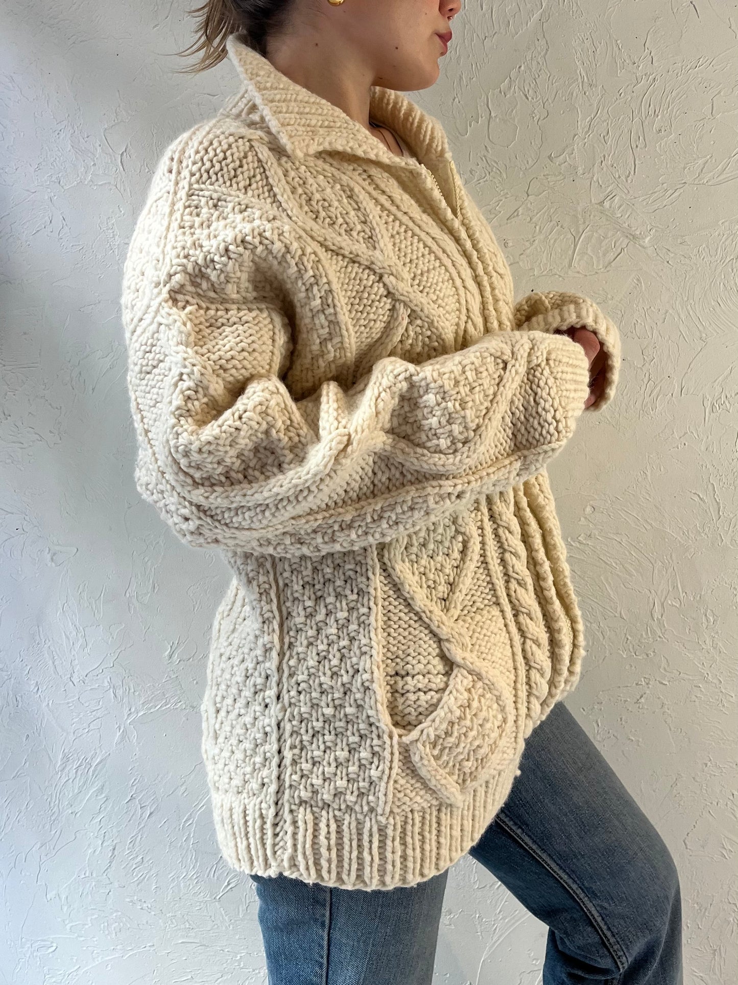 Vintage ‘Atesanias’ Cream Cable Knit Zip Up Sweater / Medium