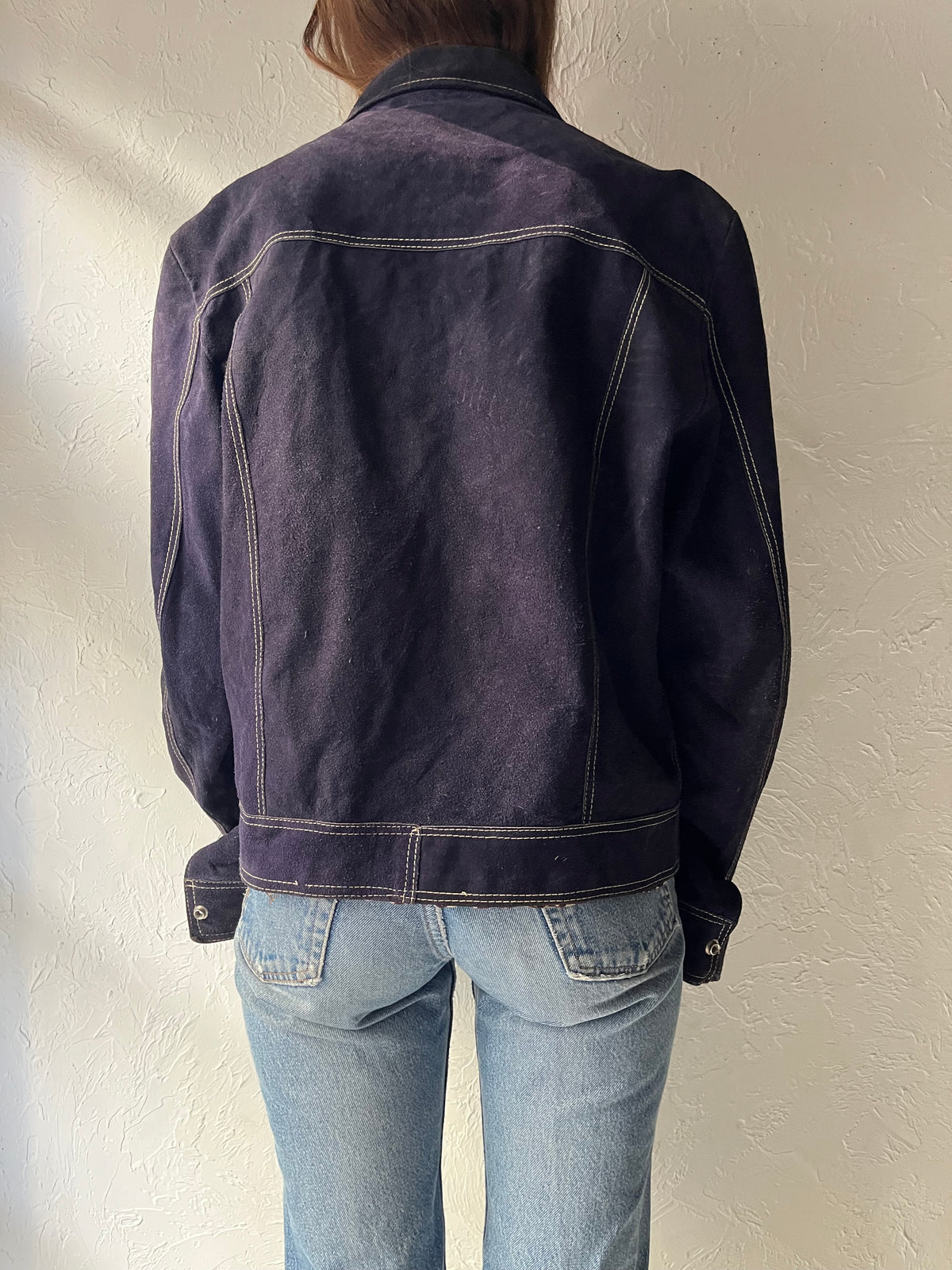 70s Vintage Navy Blue Suede Leather Trucker Jacket / Western Cowboy Contrast Stitch Utility Workwear Coat / Large