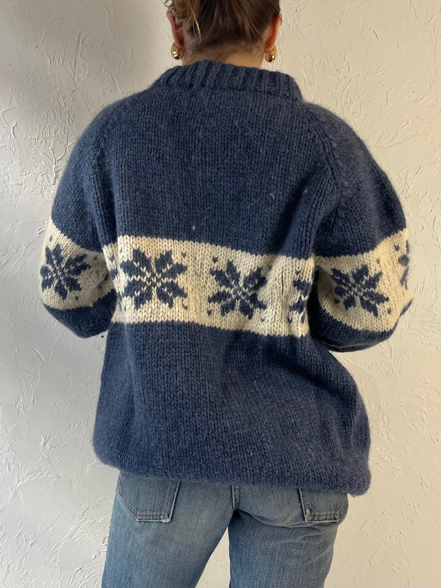 Vintage Hand Knit Wool Snowflake Sweater / Medium