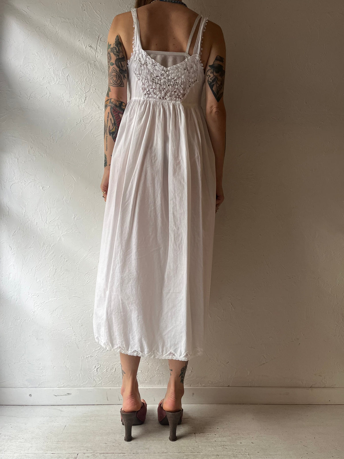 Vintage 'Papillon' White Cotton Crochet Baby Doll Dress / Small