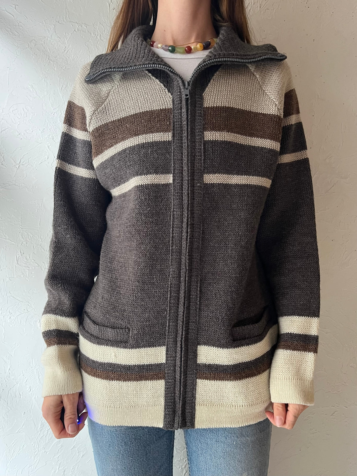 80s 'Vintage ‘White Ram’ Striped Zip-Up Cardigan Preppy Academia Knit Sweater / Large