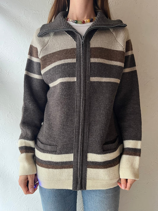 80s 'Vintage ‘White Ram’ Striped Zip-Up Cardigan Preppy Academia Knit Sweater / Large