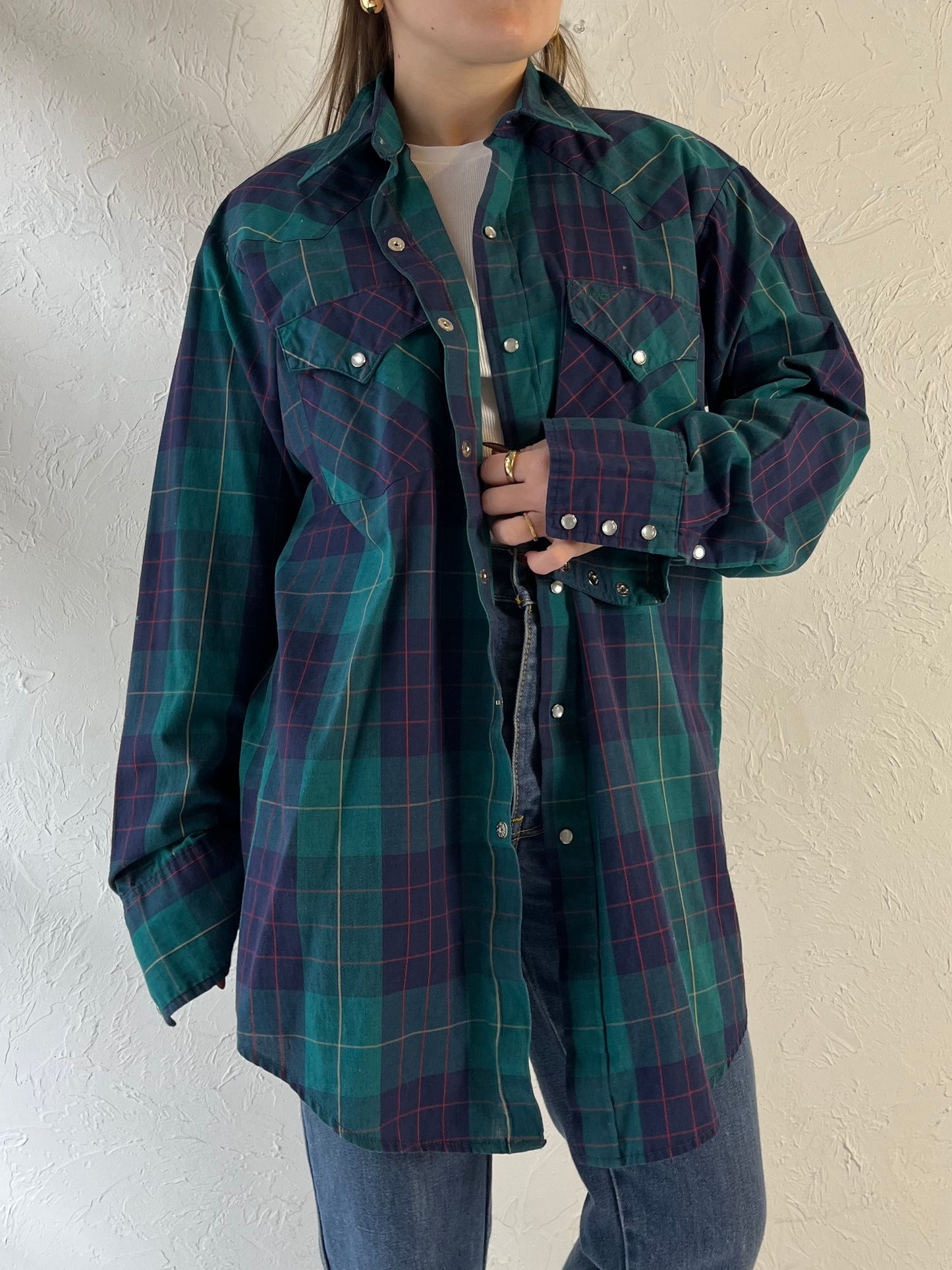 80s ‘MWG’ Plaid Western Pearl Snap Shirt / Medium