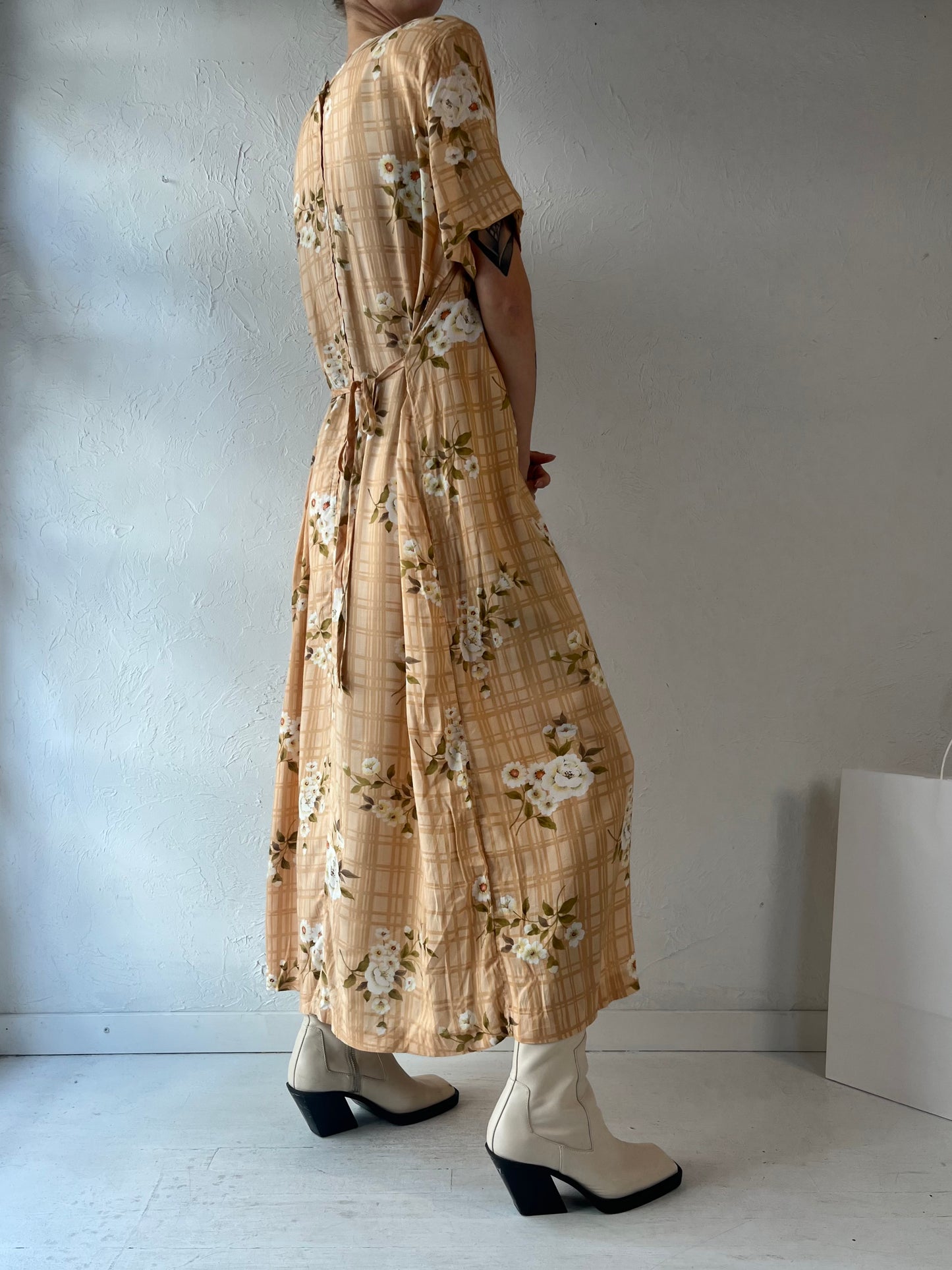 90s 'Coco Blanko' Orange Floral Print Rayon Dress / Large