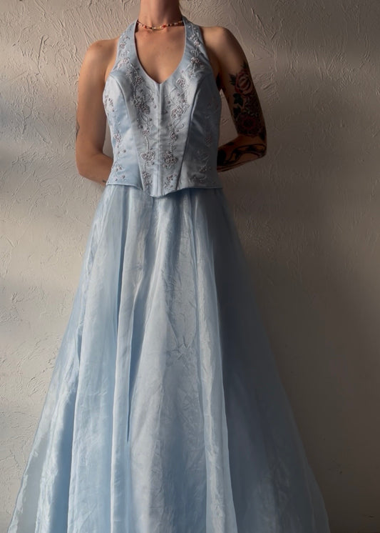 90s 'Nox' Baby Blue Halter Prom Dress / Medium
