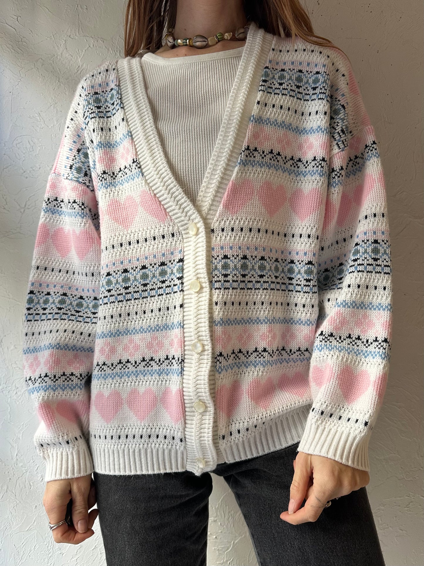 90s 'Grace' Acrylic Heart Cardigan Sweater / Large