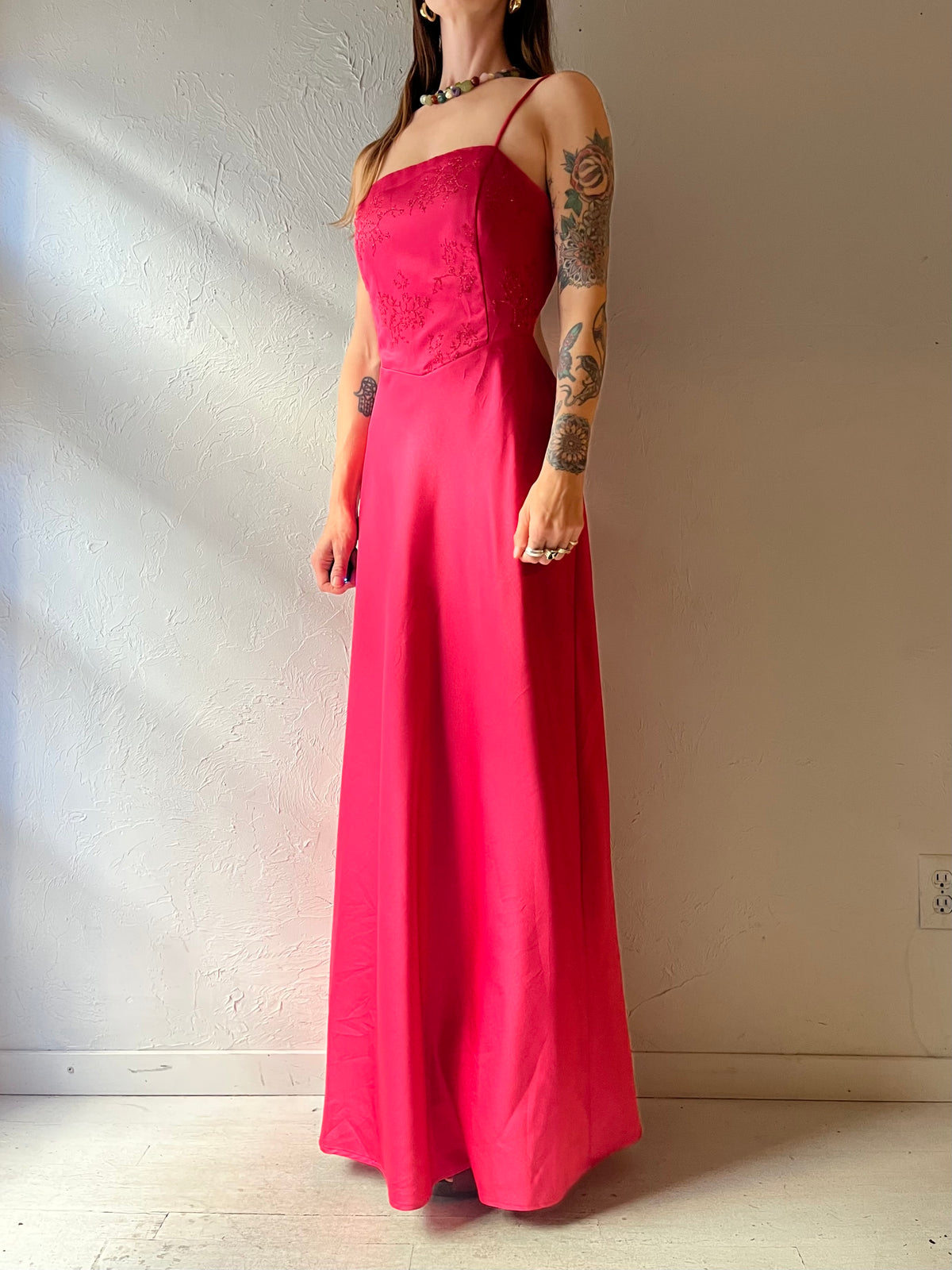 90s 'Be Smart" Hot Pink Minimalist Formal Maxi Party Prom Dress / Small