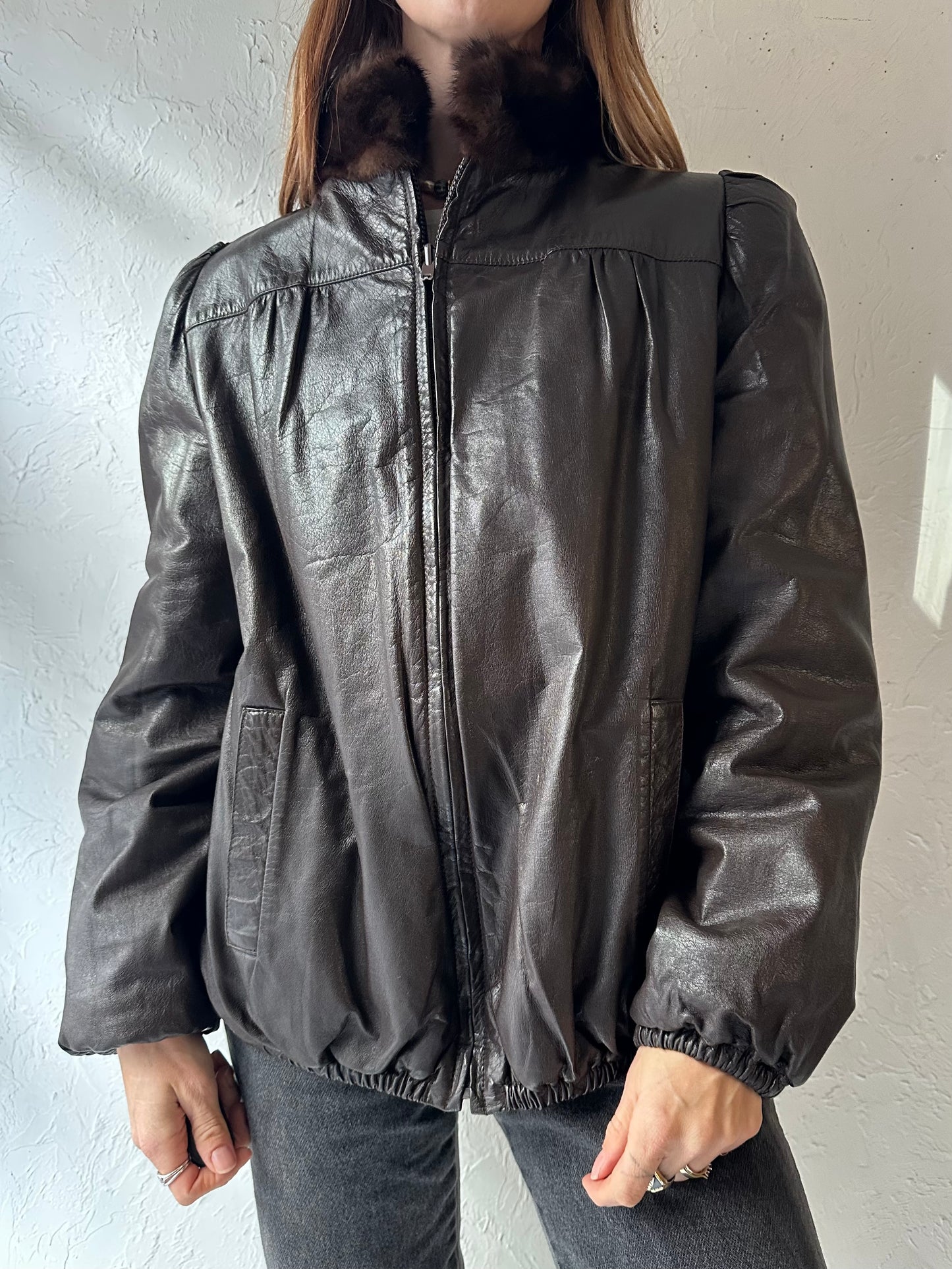 80s Reversible Fur and Leather Bomber Jacket / Small