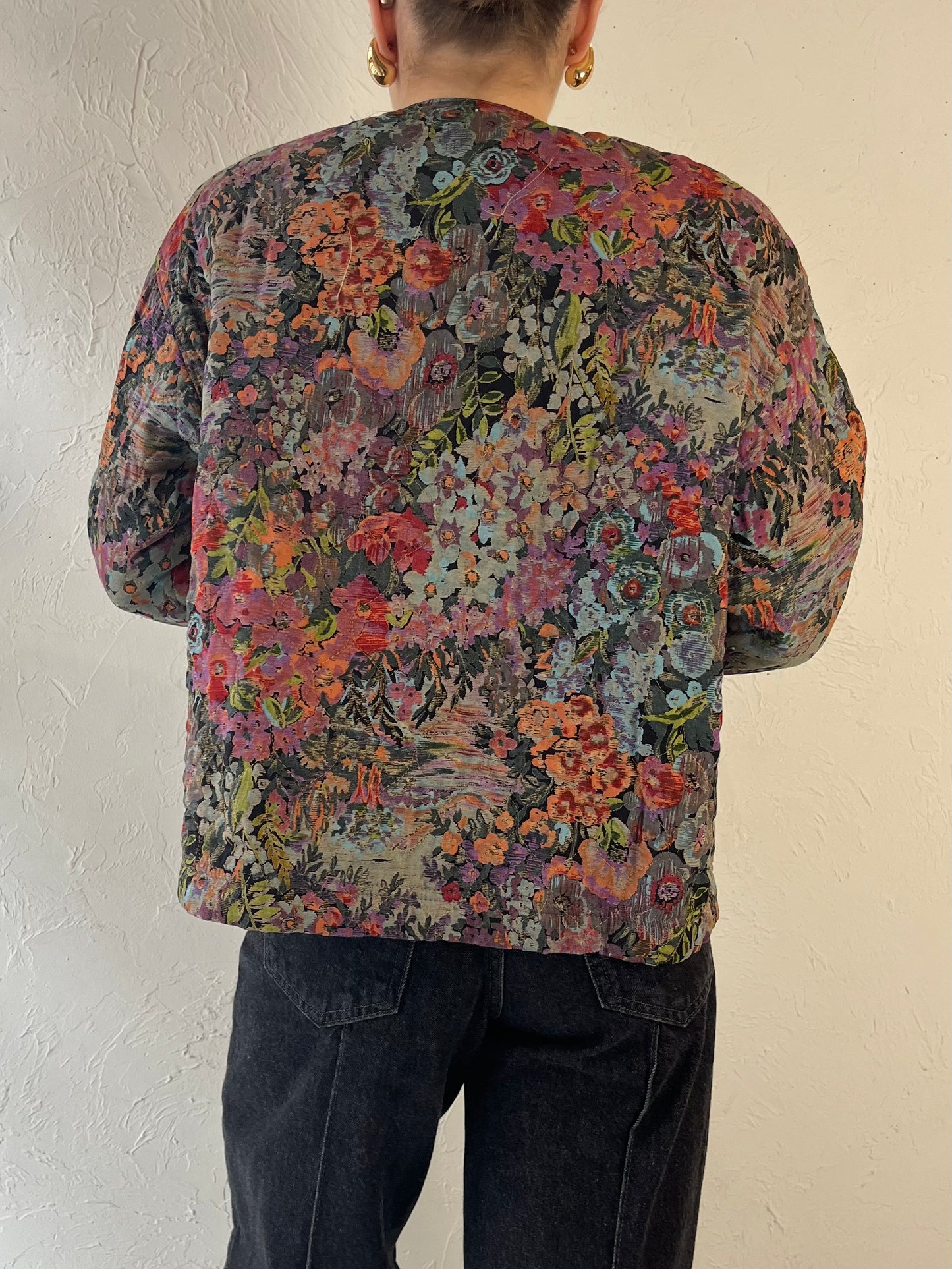 90s 'Carol Little' Quilted Floral Print Rayon Jacket / Medium