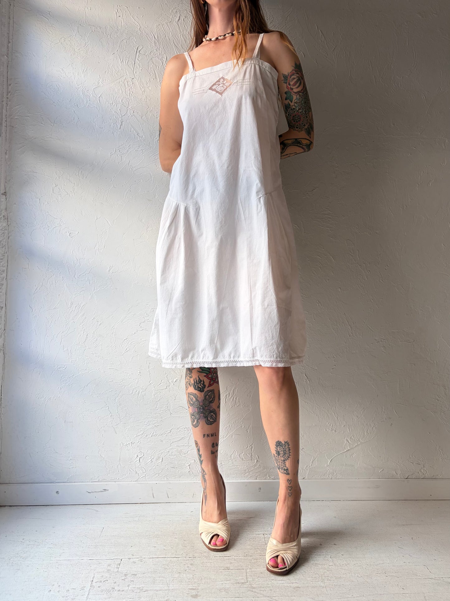 60s Handmade White Cotton Midi Dress / Medium
