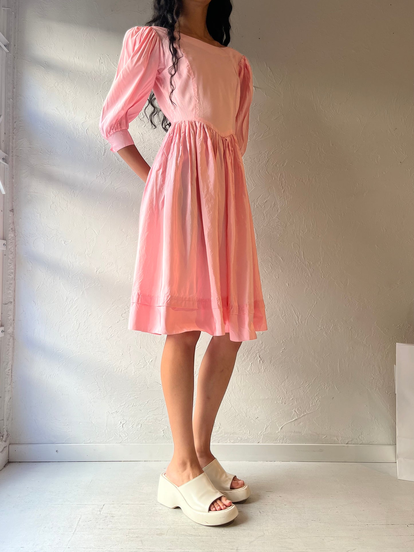 Vintage Handmade Pink Puff Sleeve Midi Dress / Small