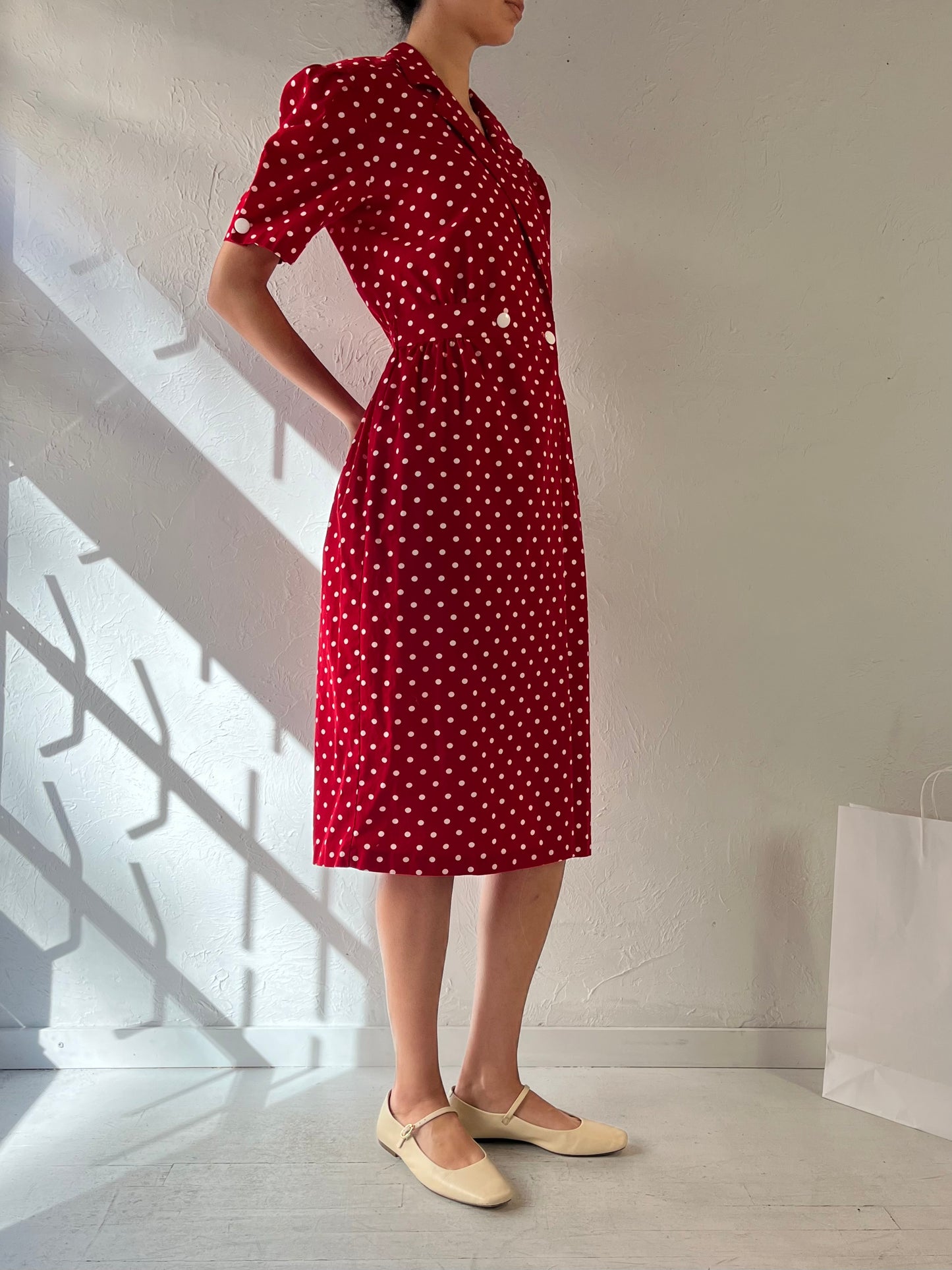 80s ‘Ronni Nicole’ Red Polka Dot Puff Sleeve Collared Dress / Medium