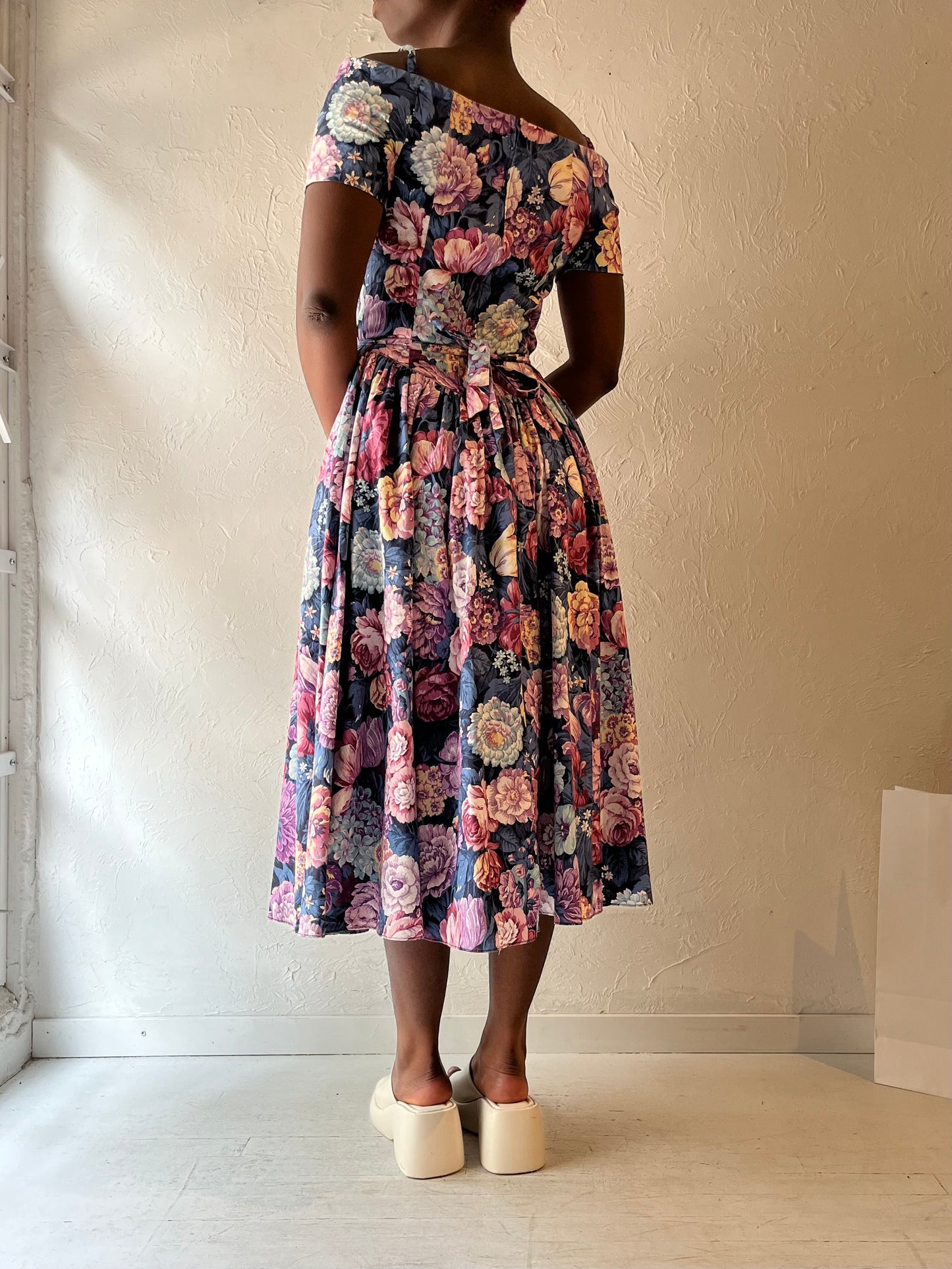 90s 'Robbie Bee' Floral Print Midi Dress / Medium