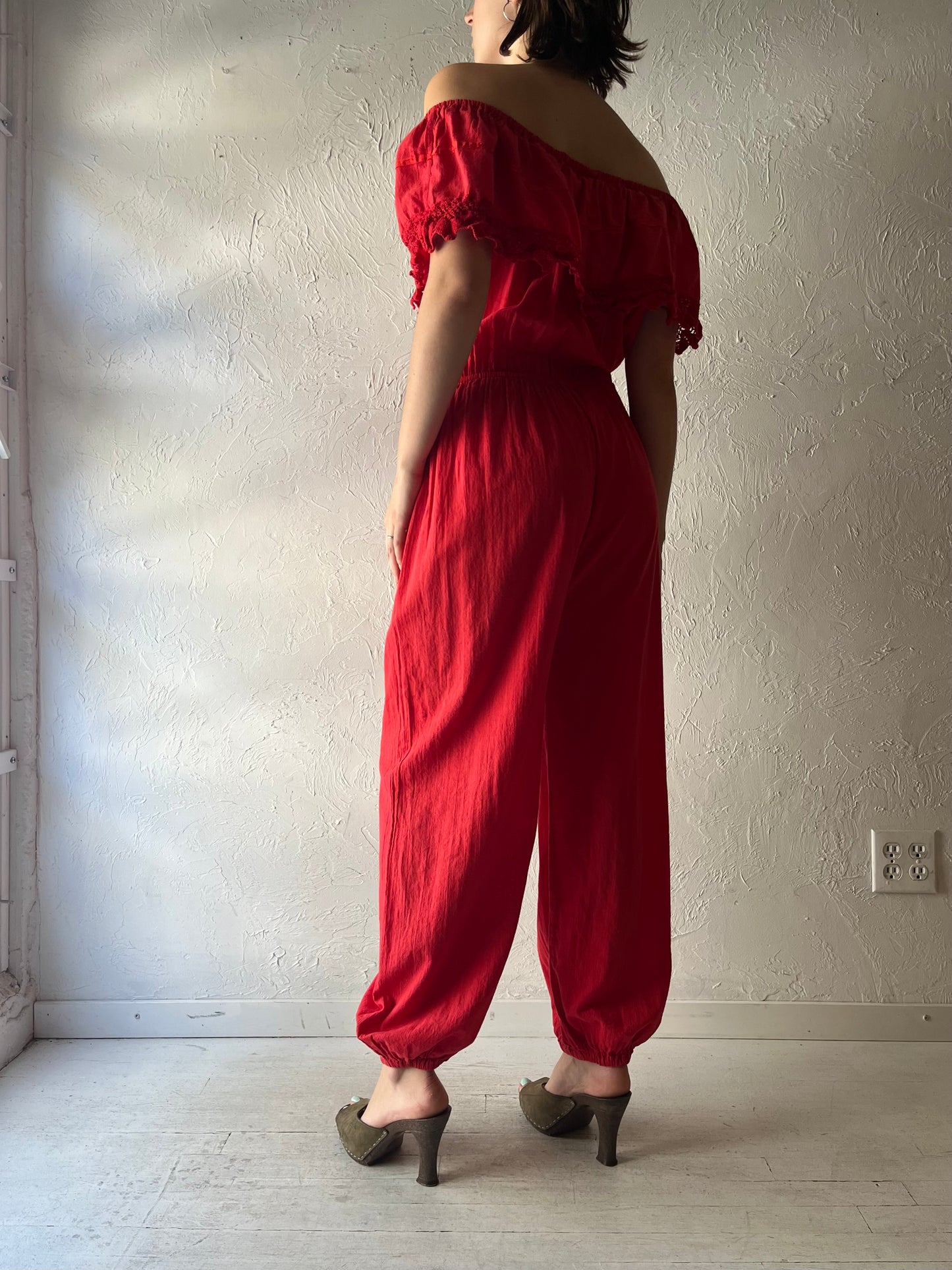 Vintage Romantic Red Boho Fairycore Summer Jumpsuit / Medium