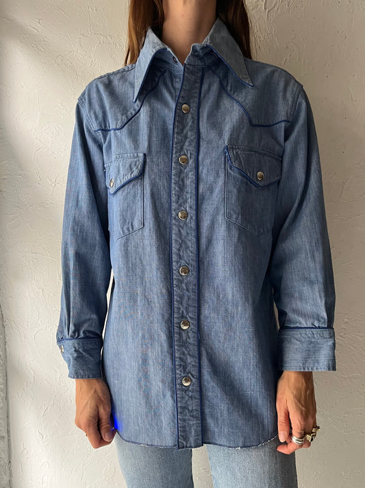 70s Retro Cotton Snap Up Western Shirt / Large