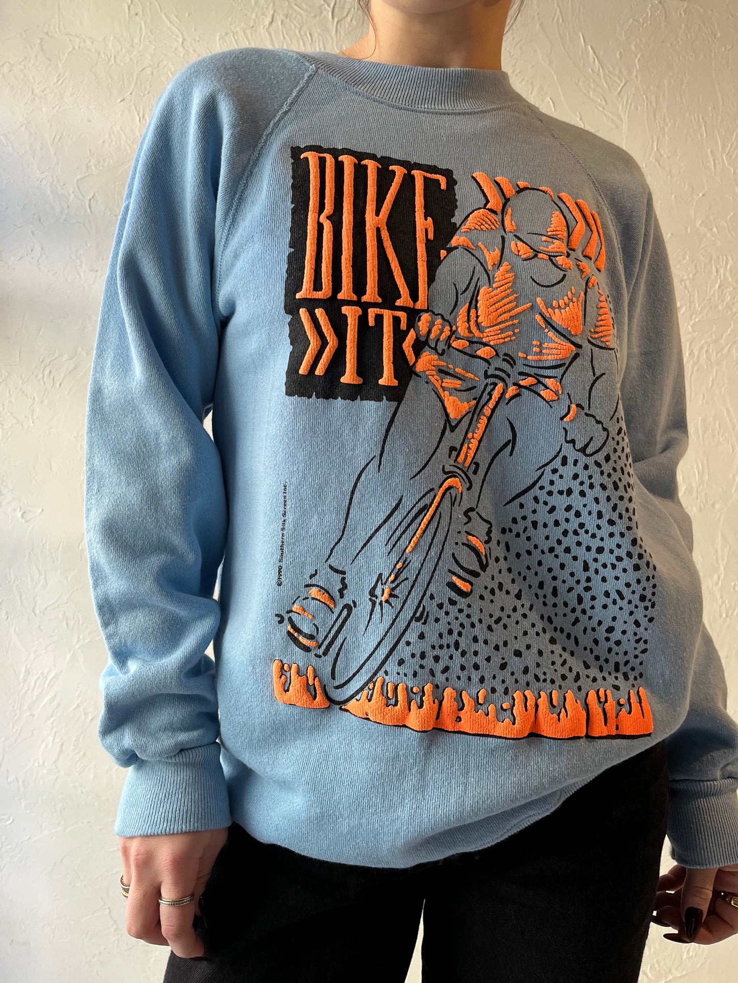 90s ‘Hanes’ Bike It Blue Crew Neck Sweatshirt / Medium