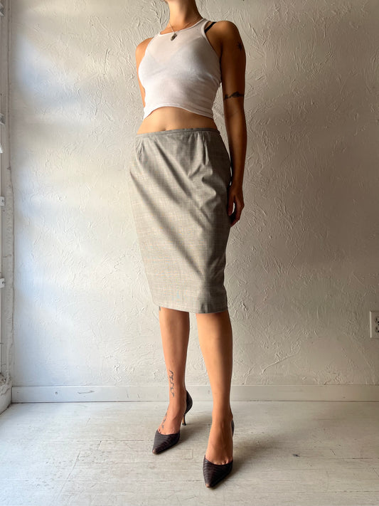 Y2k 'Escada' Grey Plaid Academia Office Wear Pencil Midi Skirt / Medium