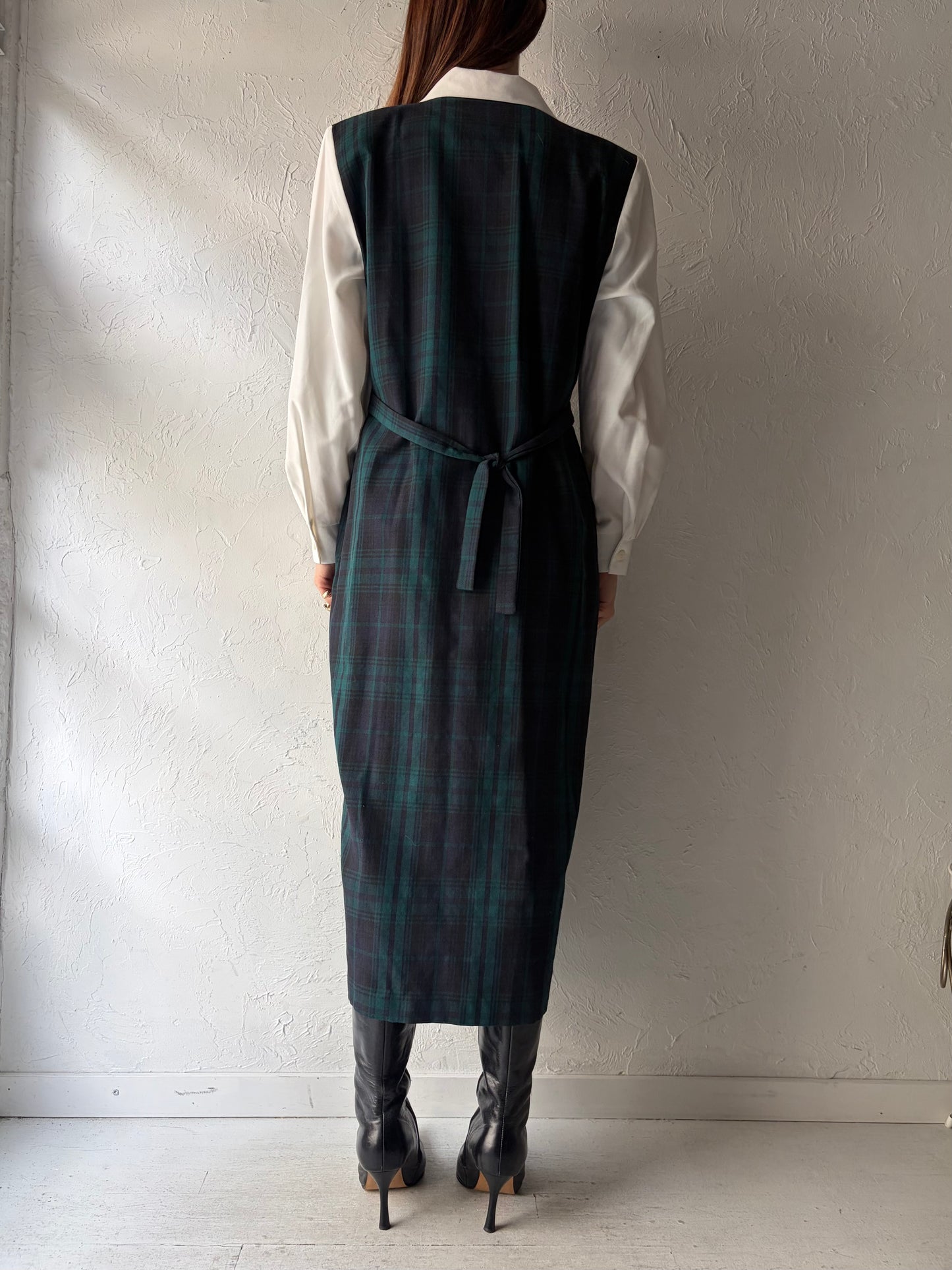 80s 'Jessica' Plaid Academia Tailored Maxi Dress / Vintage 1980s Mod Office Wear Dress / Medium