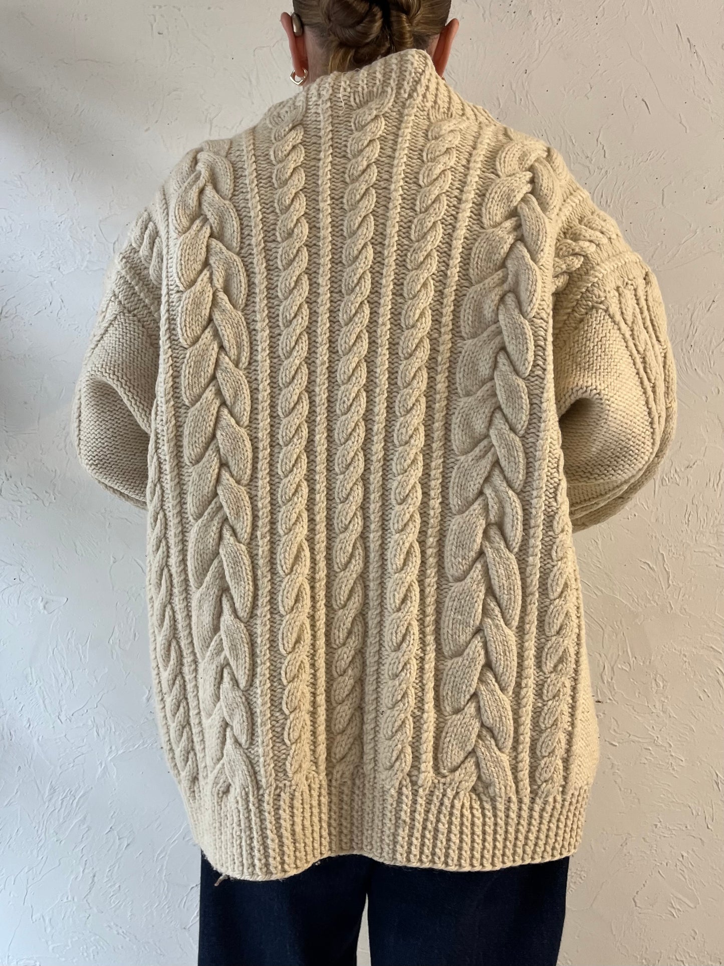 Vintage Cream Cable Knit Cardigan Sweater / Large