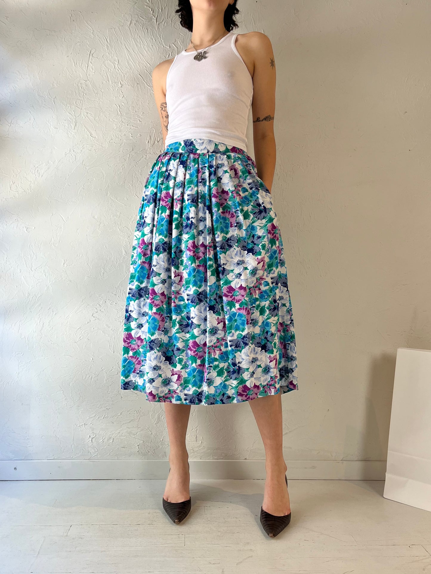 80s '180 Sauve' Patterned Rayon Midi Skirt / Small