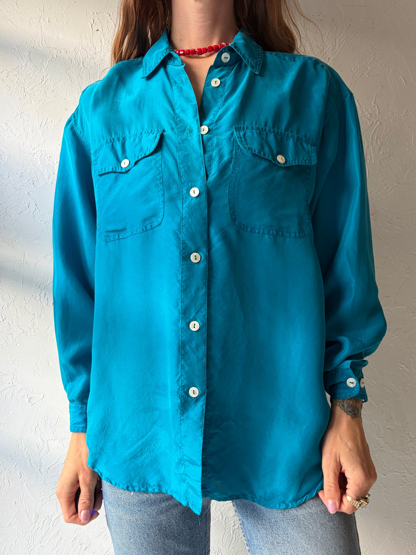 90s 'Liz Wear' Blue Silk Shirt / Small