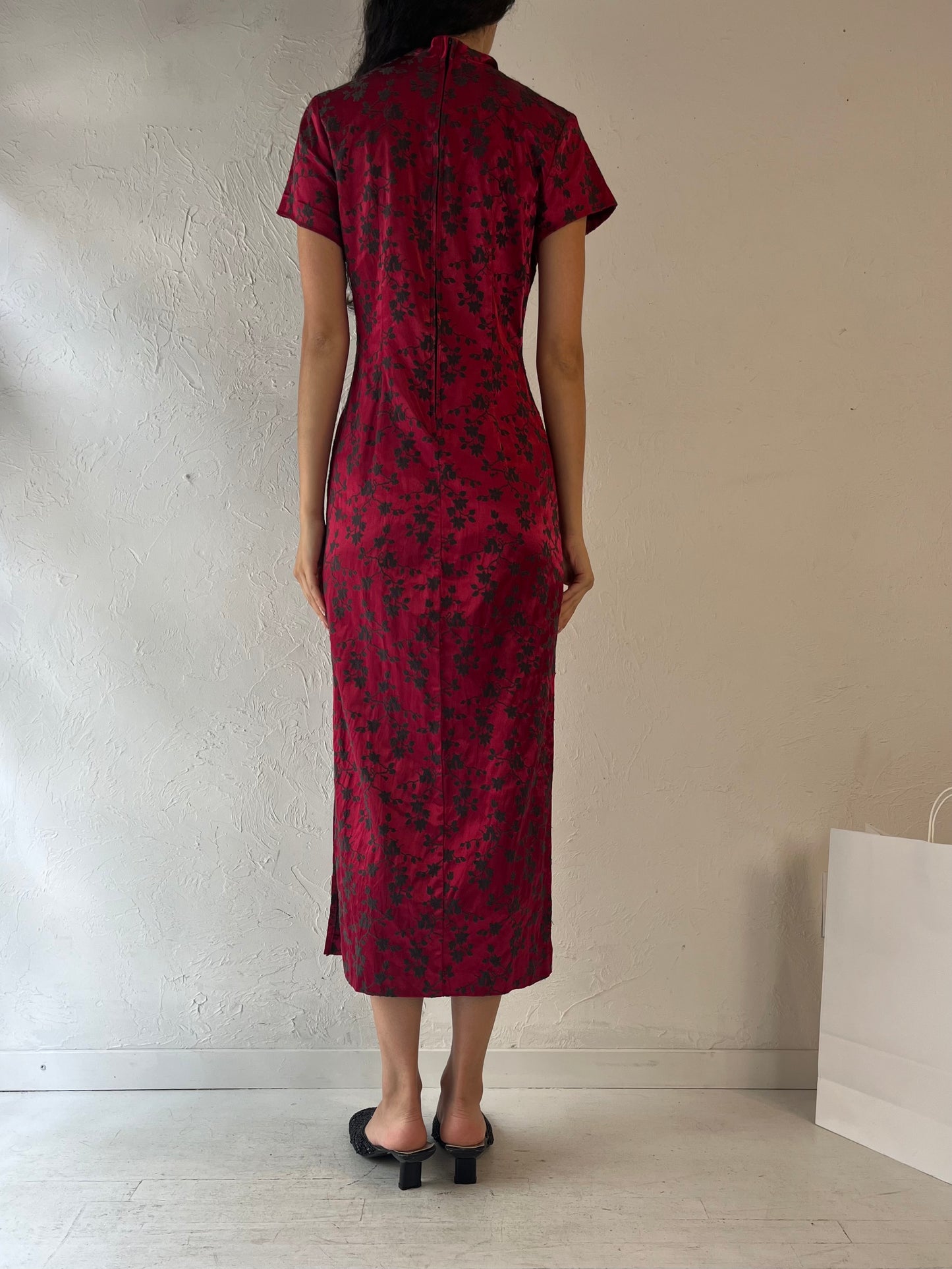 90s 'Amoretti' Red Embroidered Floral Dress / Small - Medium