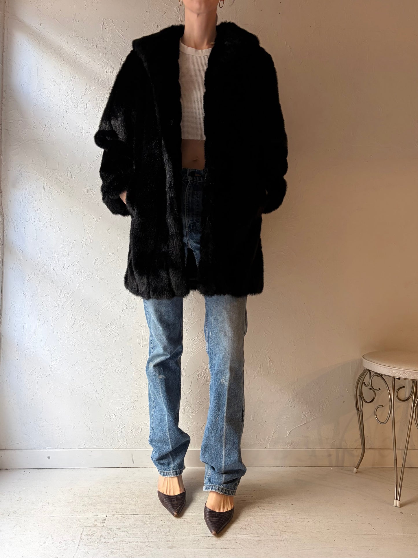 90s 'Dennis Basso' Black Faux Fur Jacket / XS