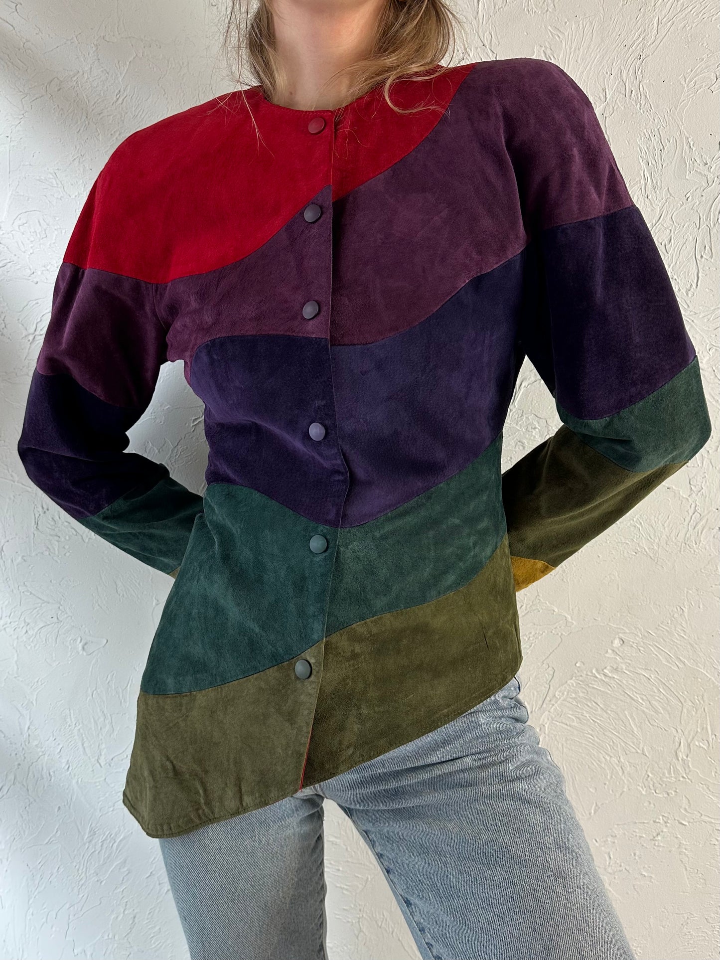 90s 'Danier' Red Purple Green Stripped Suede Blazer Jacket / Xsmall