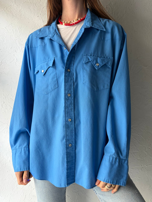 80s 'Pardner' Blue Western Pearl Snap Up Shirt / Vintage 1980s Cowboy Workwear Shirt / XL