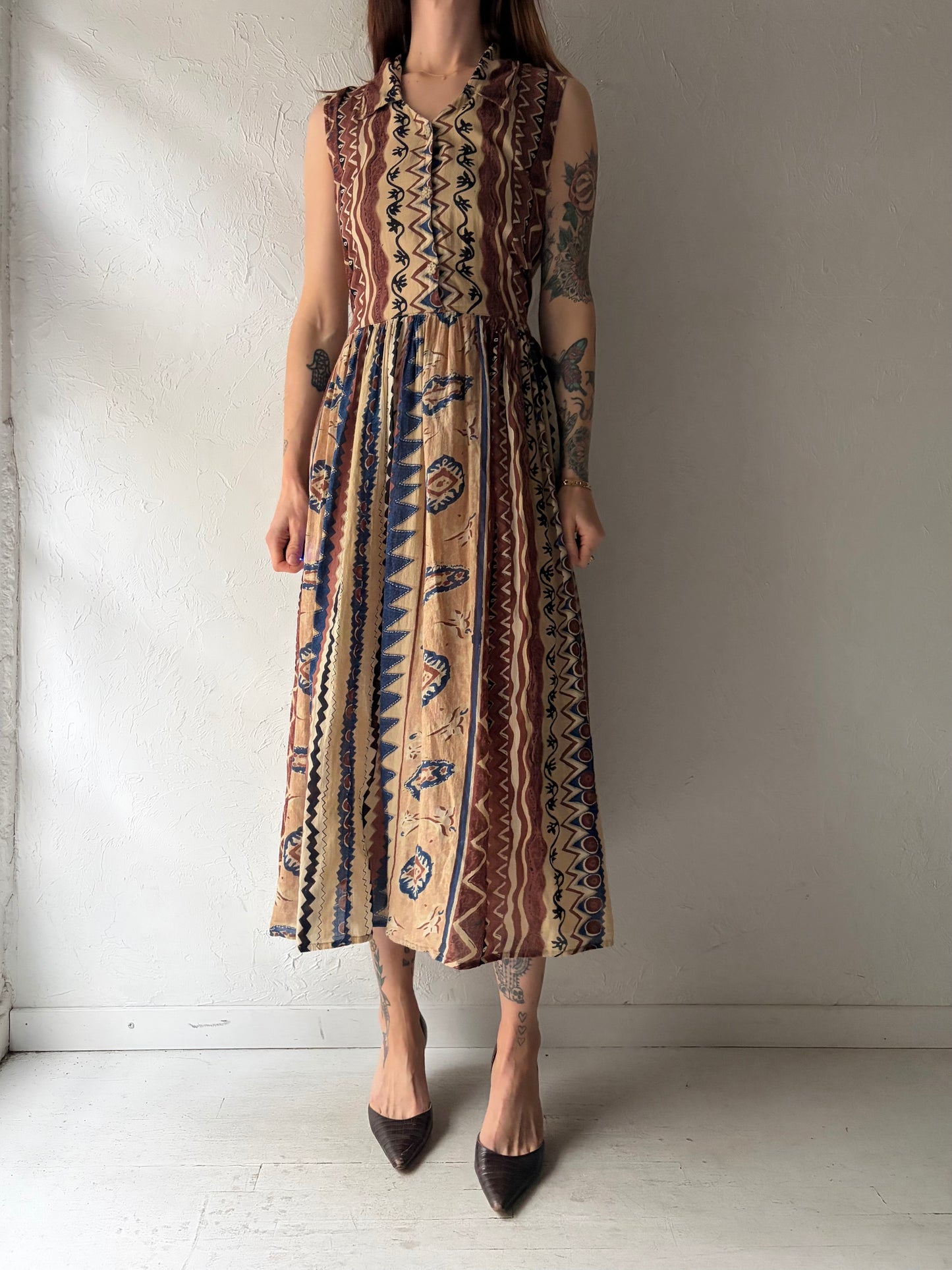 90s 'LGS' Brown Patterned Collared Cotton Spring Dress / Medium