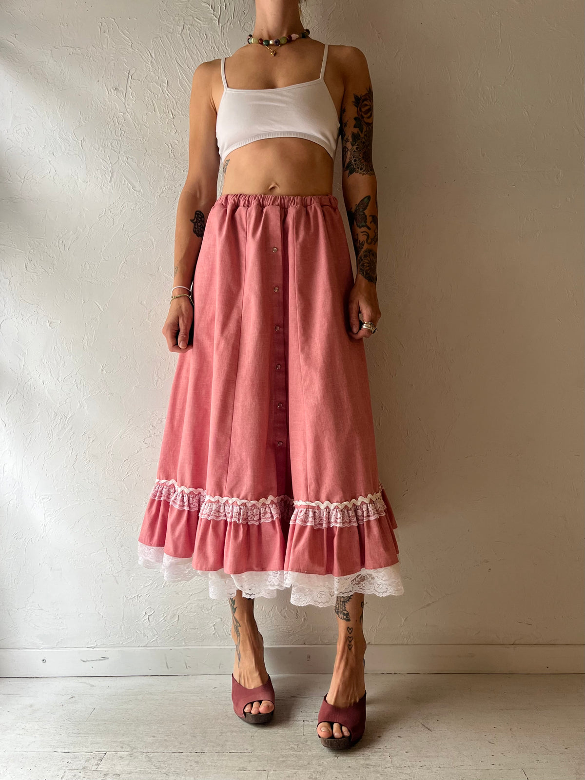 60s 'Rockmount Ranch Wear' Pink Tiered Western Skirt / Small
