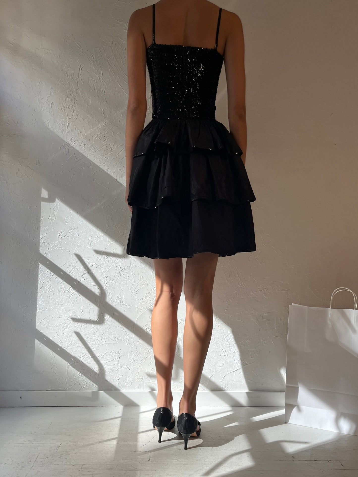 90s Black Sequin Ruffle Party Dress / Small