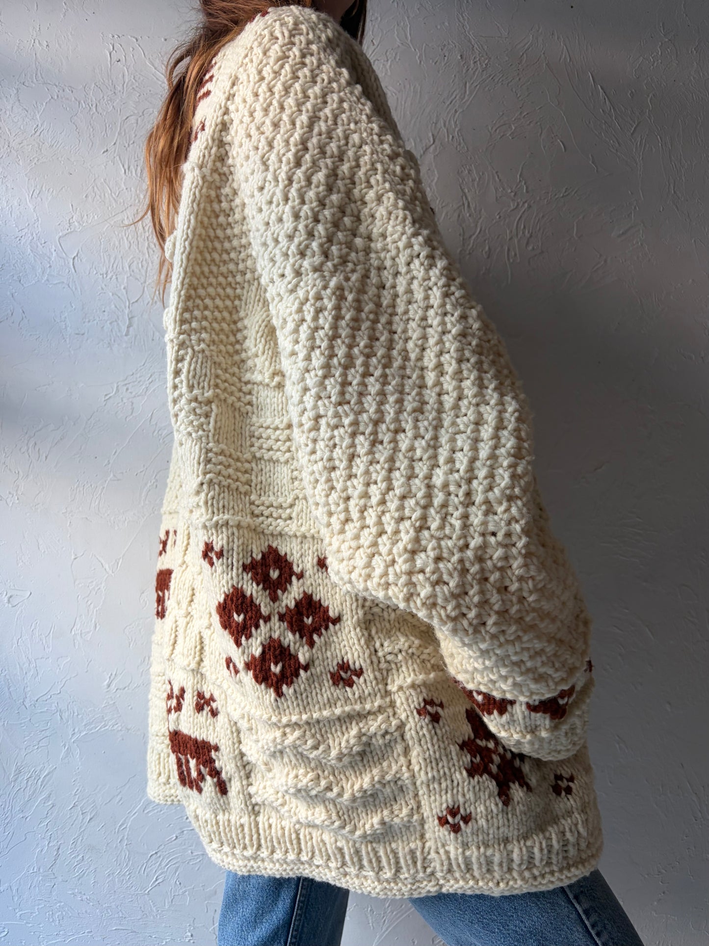 Vinage Hand Knit Chunky Wool Reindeer Sweater / XL