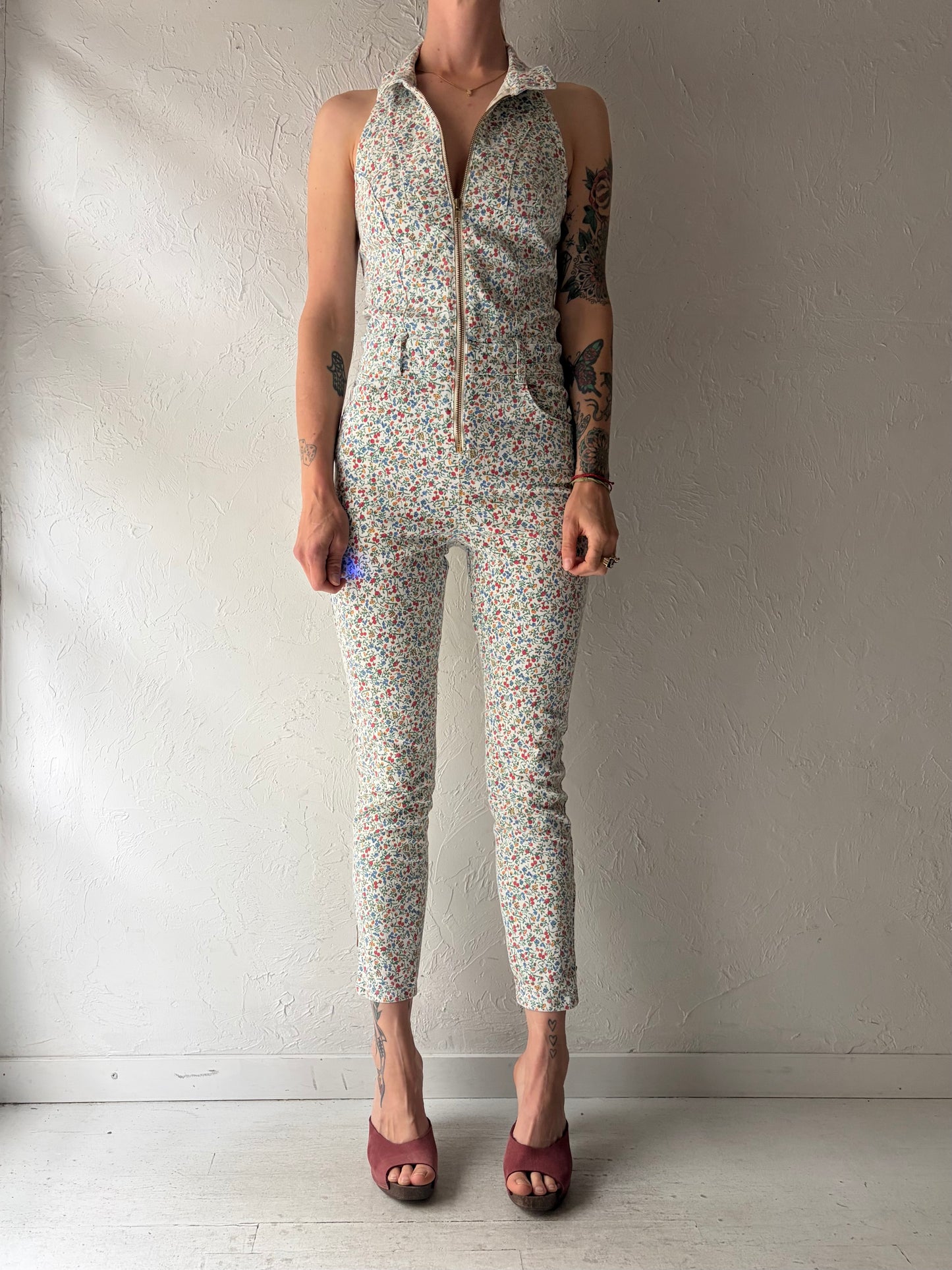 Vintage 2000s 'Guess' Floral Print Stretch Denim Jumpsuit / Small