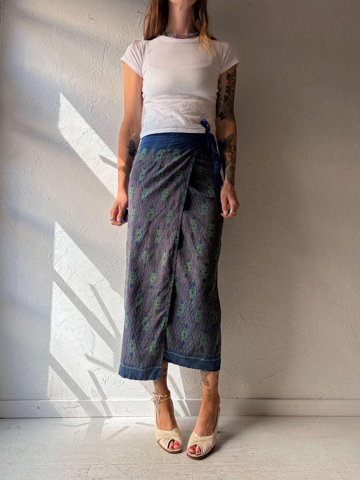 Vintage Silk Blue Patterned Wrap Skirt / Small - Large