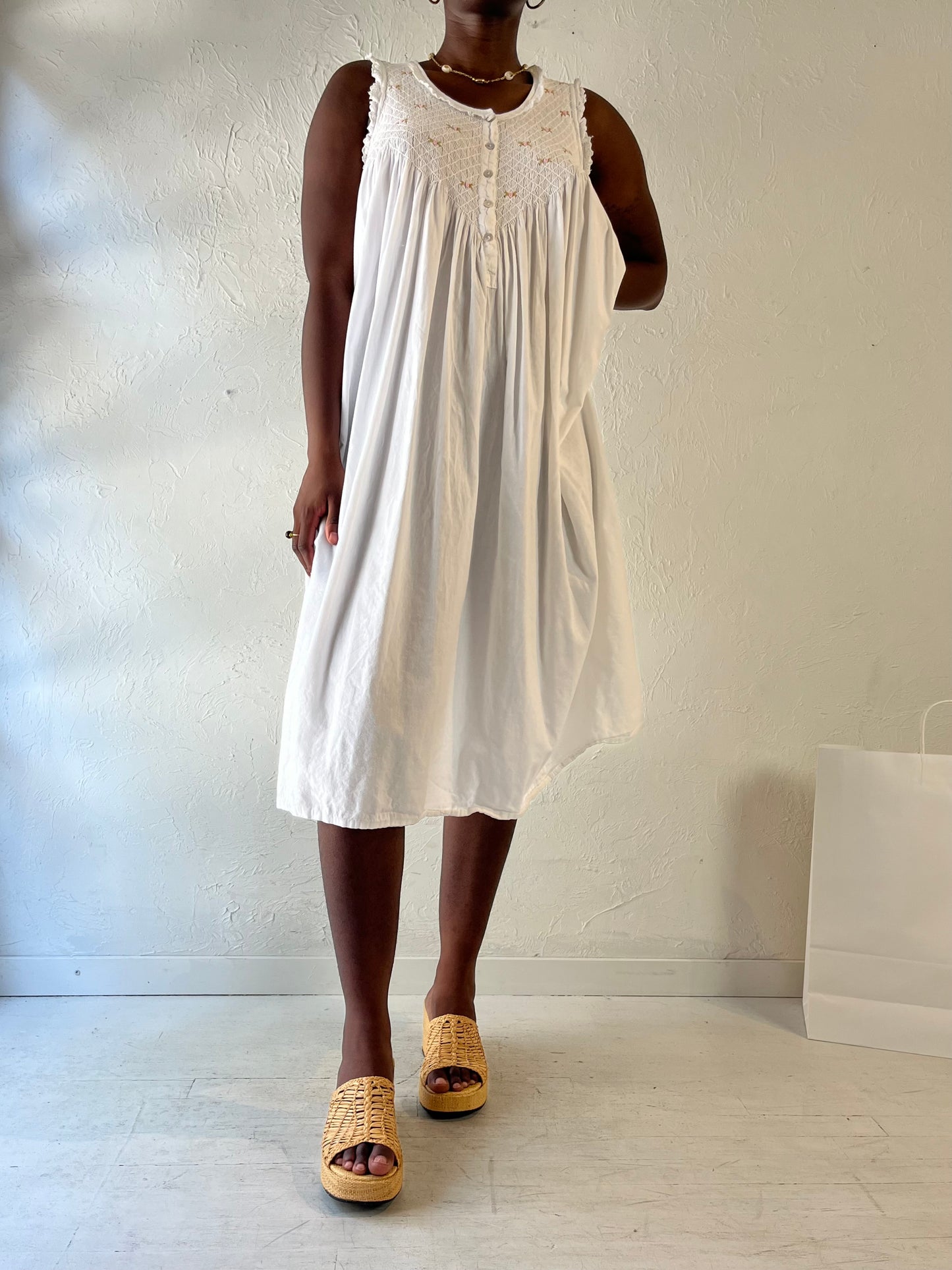 90s 'Victoriana' White Cotton Night Dress / Medium