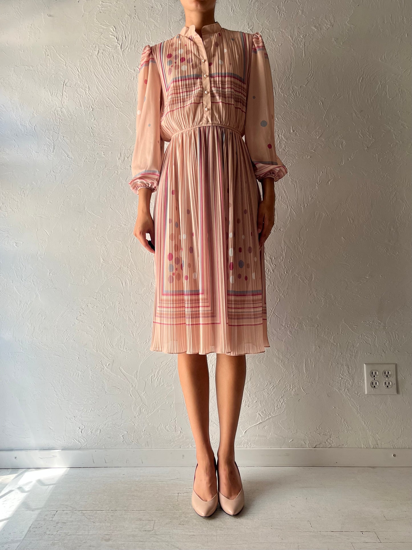 80s 'Sue Brett' Striped Retro Midi Dress / Union Made / Small