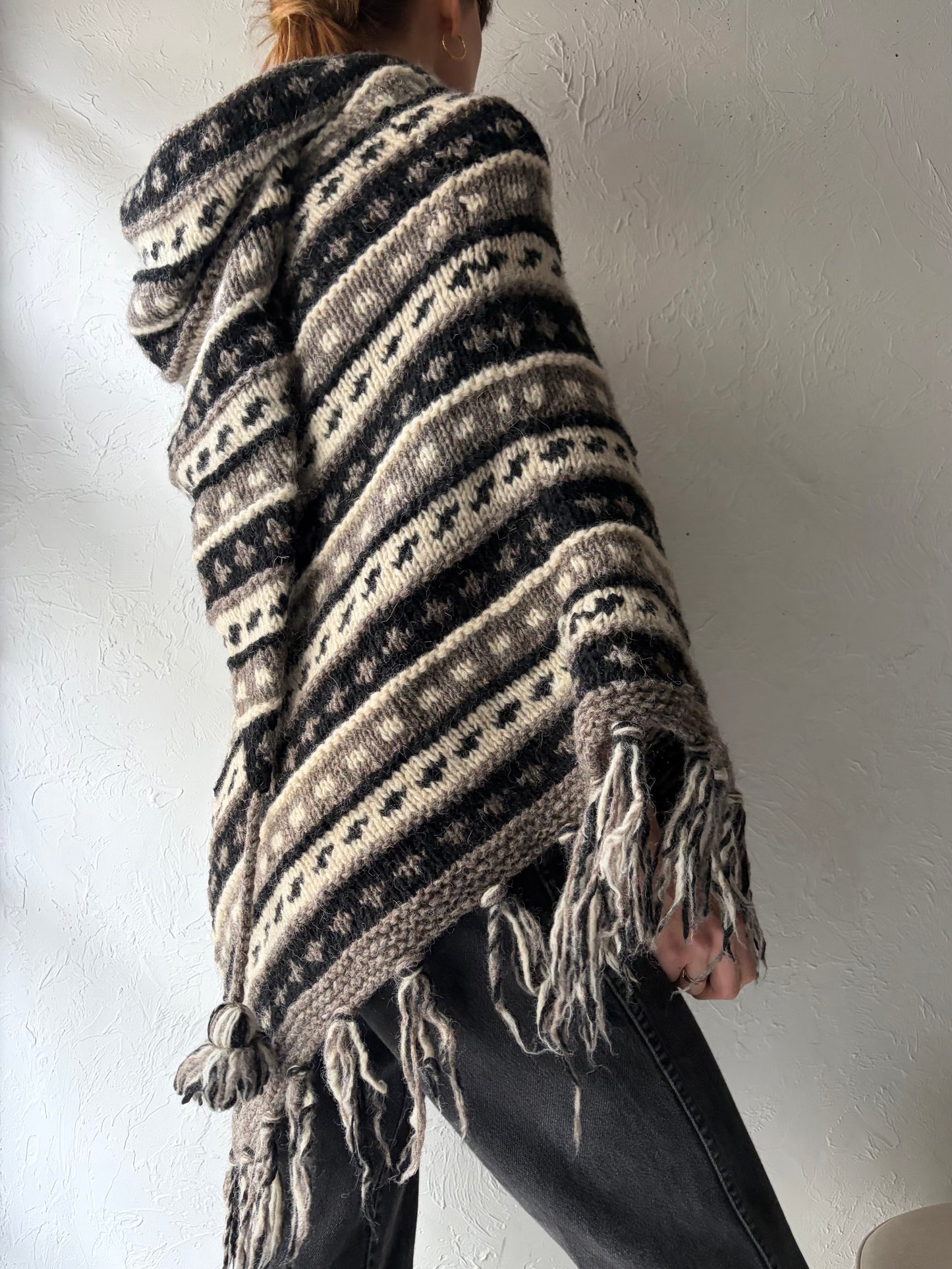 Vintage Hand Knit Wool Hooded Poncho / Small